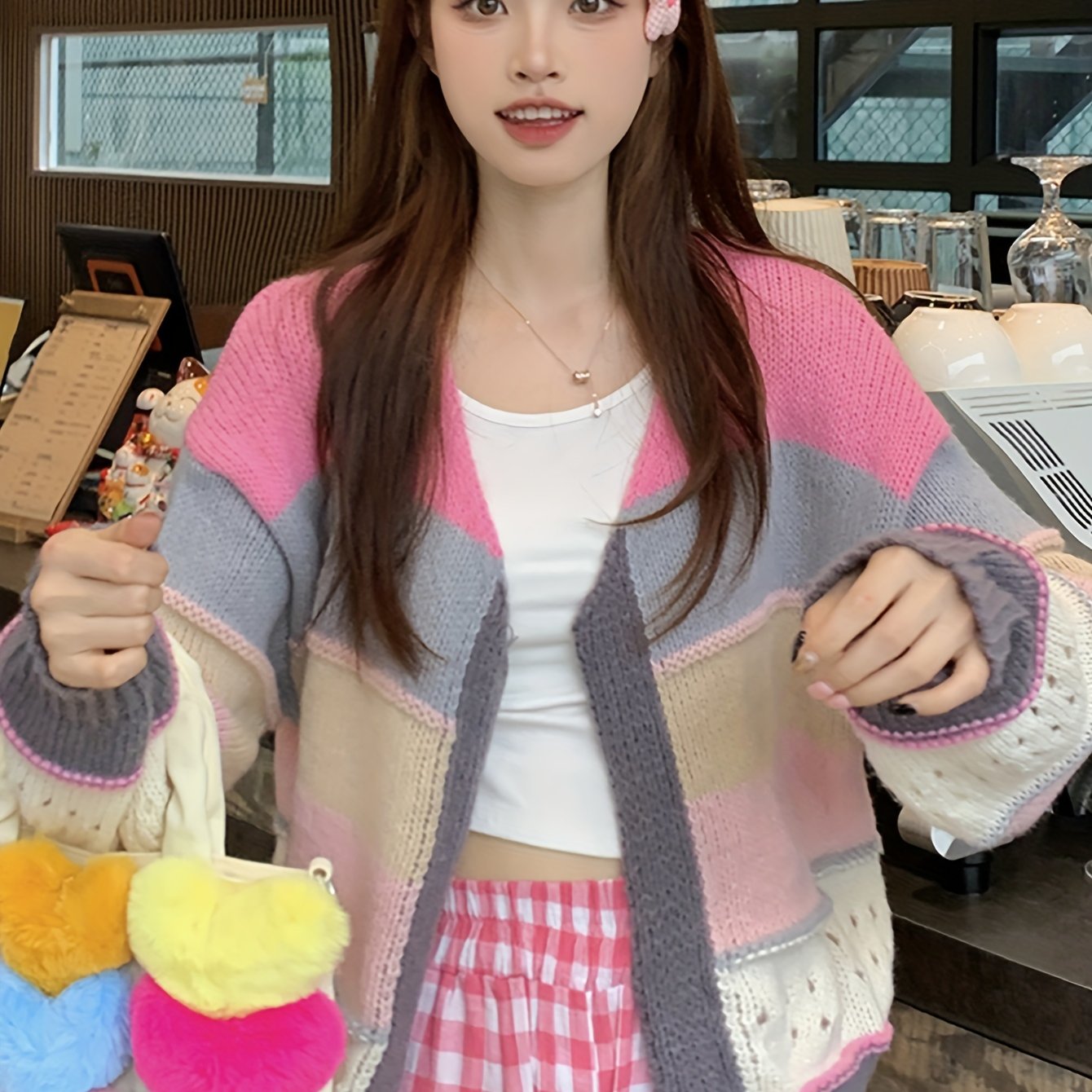 Sixsr Color Block Open Front Knit Cardigan, Casual Long Sleeve Loose Sweater, Women's Clothing