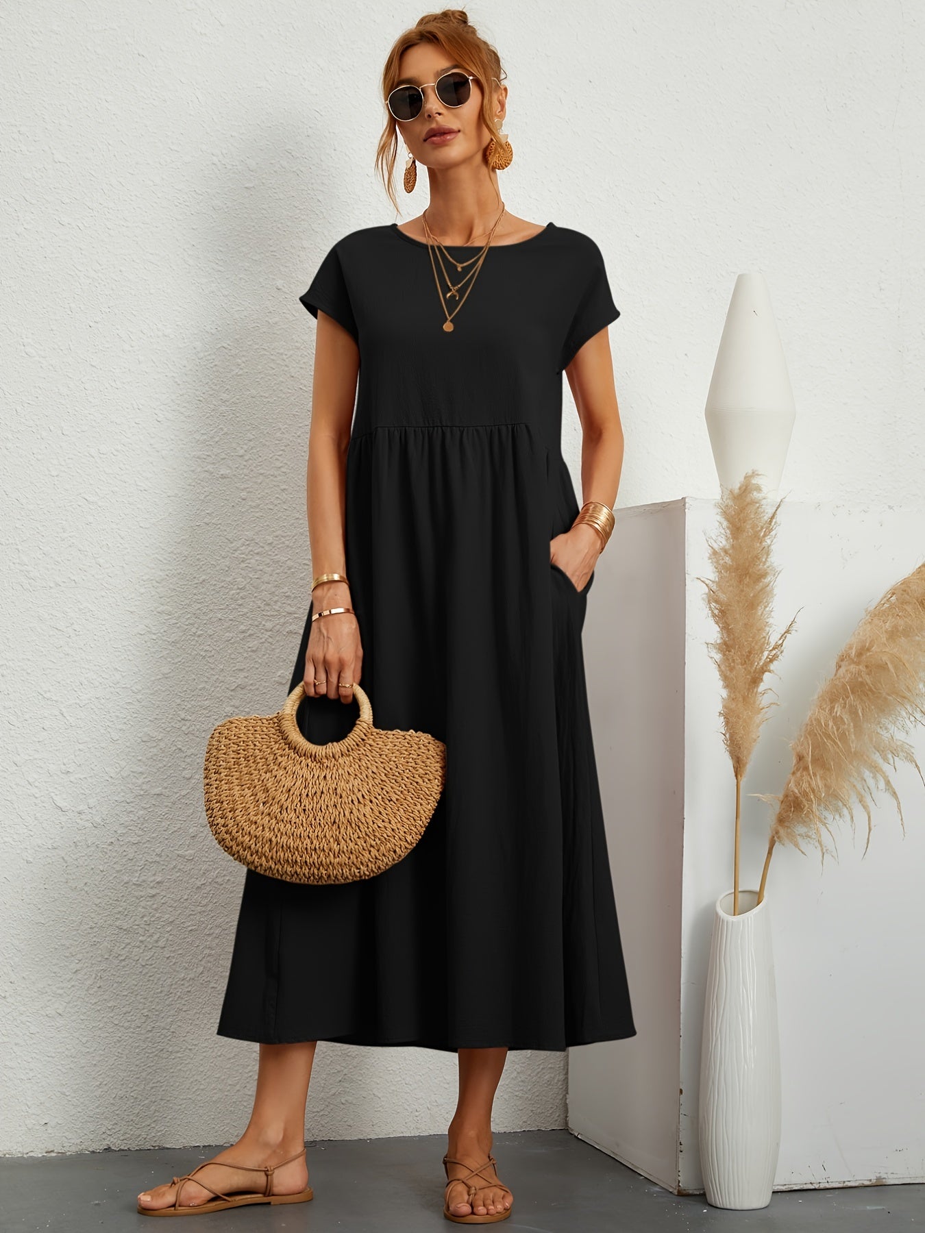 Sixsr Loose Pocket Solid Dress, Casual Short Sleeve Crew Neck Waist Summer Dress, Women's Clothing
