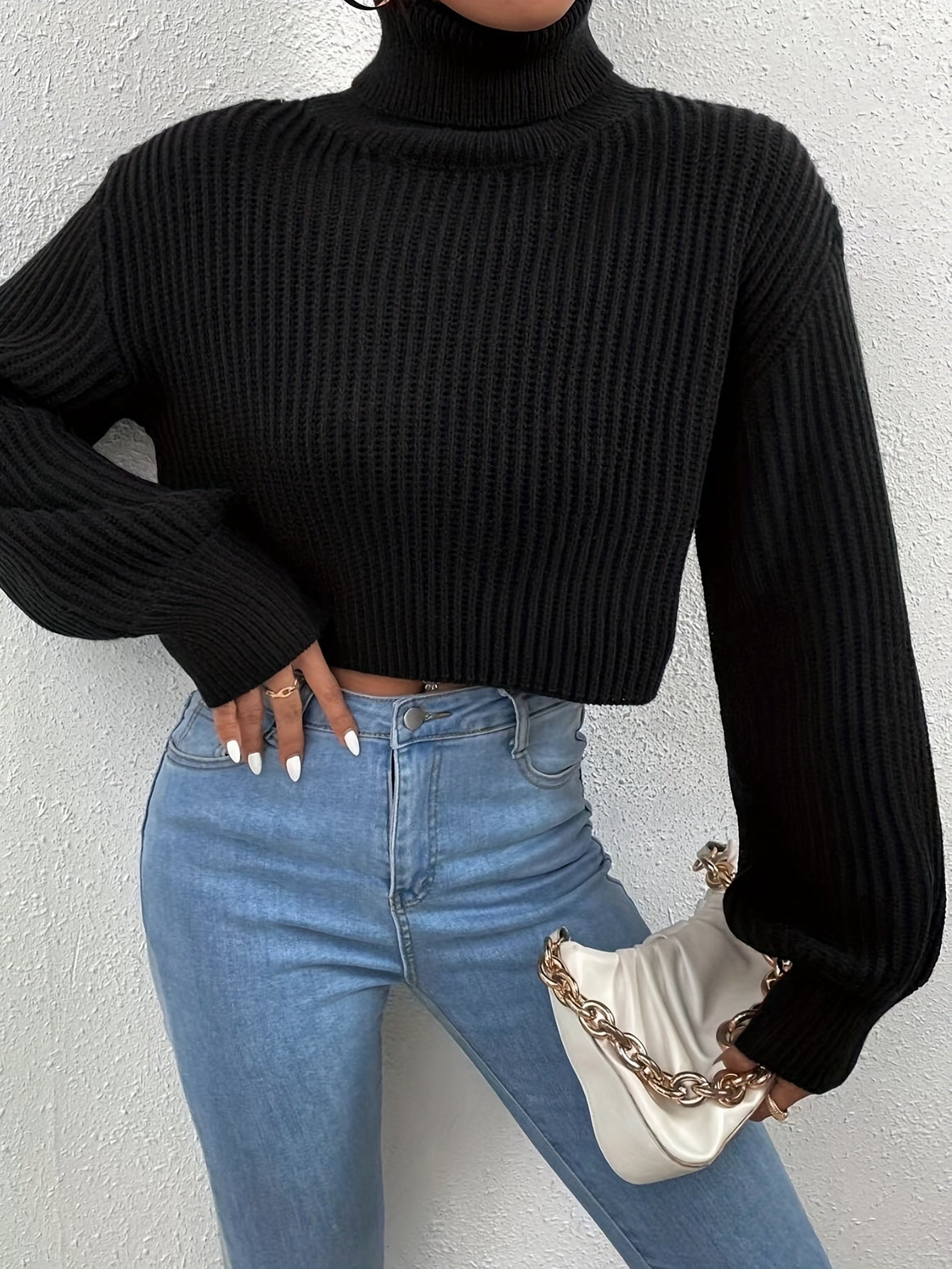 Sixsr Turtle Neck Drop Shoulder Cropped Sweater, Casual Long Sleeve Loose Fall Winter Knit Sweater, Women's Clothing