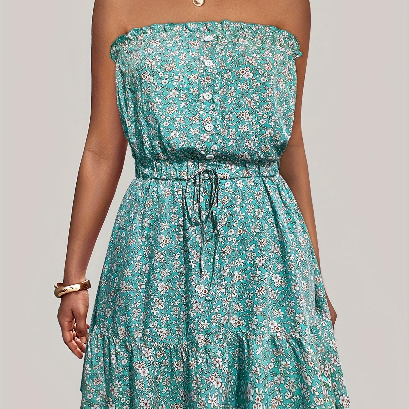 Sixsr Ditsy Floral Off Shoulder Dress, Sexy Sleeveless Drawstring Summer Dress, Women's Clothing