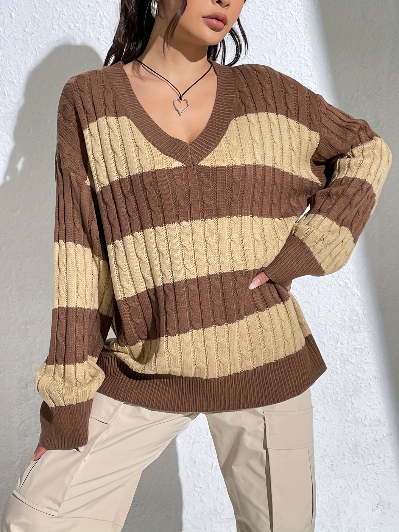 Sixsr Color Block V Neck Cable Knit Sweater, Casual Long Sleeve Drop Shoulder Sweater, Women's Clothing