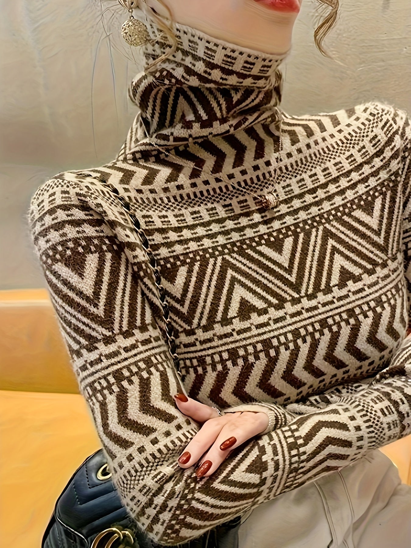 Sixsr Geo Pattern Turtle Neck Pullover Sweater, Elegant Long Sleeve Fashion Slim Sweater, Women's Clothing