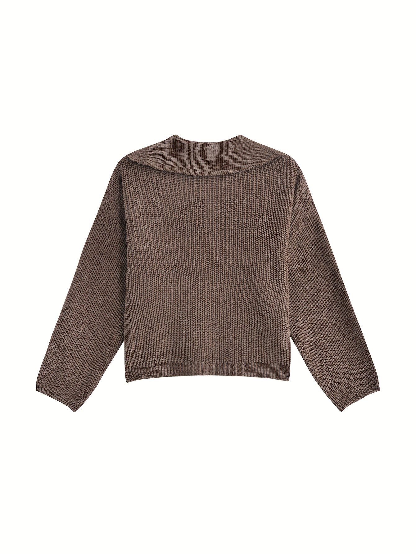 Sixsr Solid Turndown Collar Knit Cardigan, Vintage Button Front Long Sleeve Crop Sweater, Women's Clothing