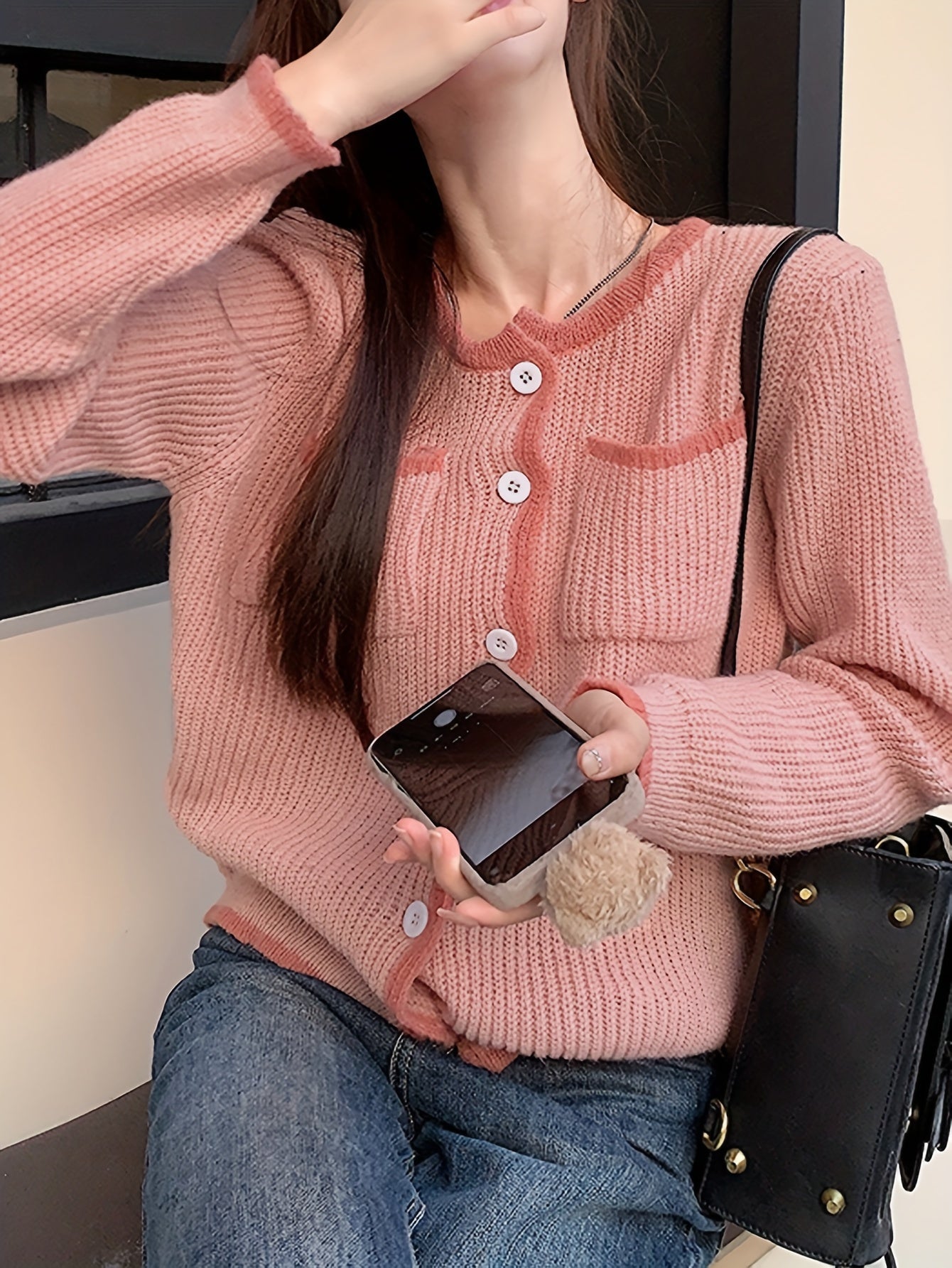 Sixsr Contrast Trim Button Front Cardigan, Chic Long Sleeve Dual Pockets Knit Cardigan, Women's Clothing