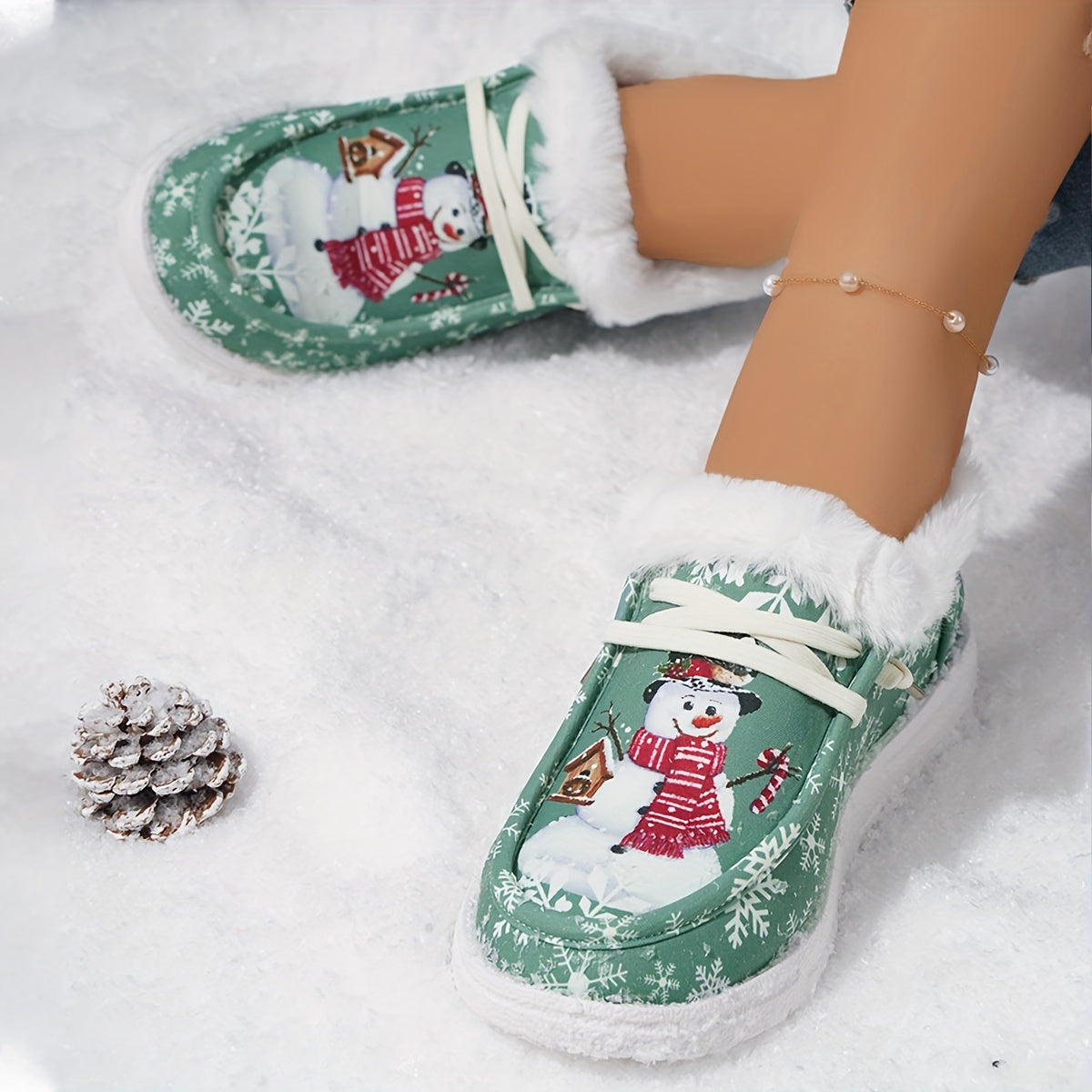 Thickened Warm Christmas Snowman Pattern Winter Outdoor Sneakers, Cute Comfortable Flat Snow Shoes