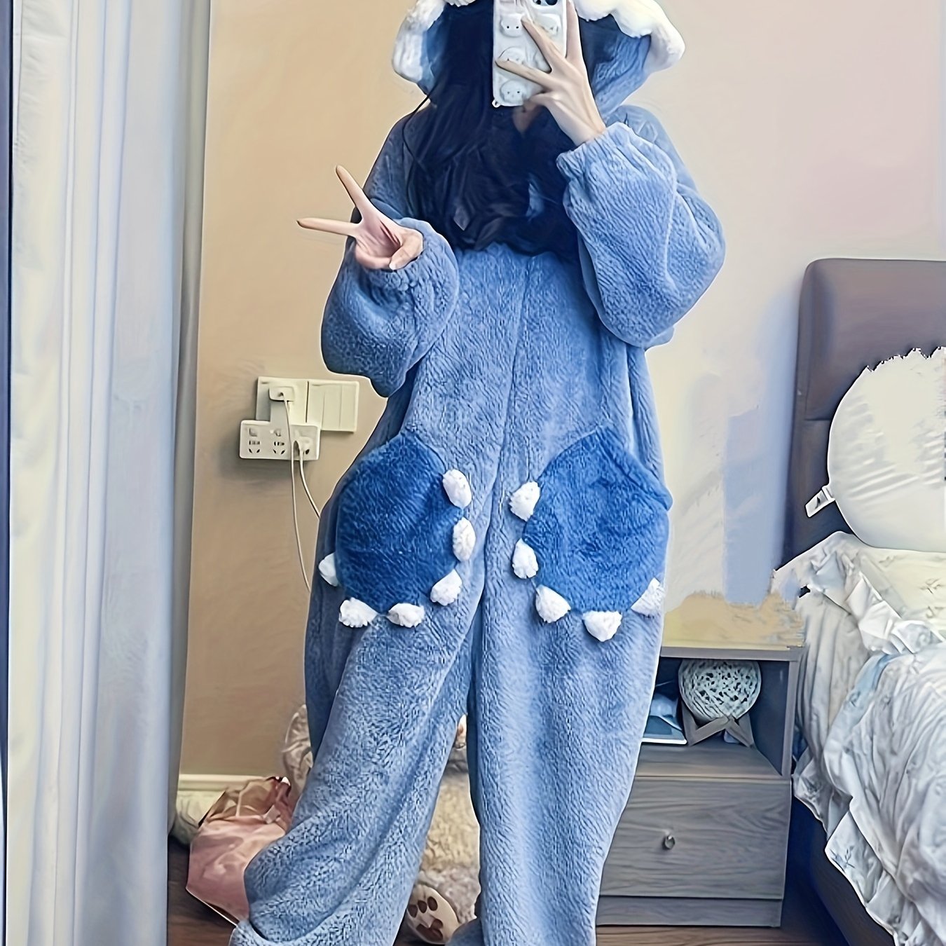 Sixsr Cartoon Shark Hooded Jumpsuit, Long Sleeve Zipper Fuzzy Pajamas, Women's Sleepwear & Loungewear