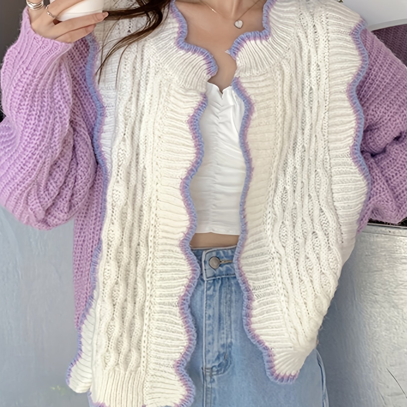 Sixsr Color Block Rib Knit Cradigan, Casual Long Sleeve Scollop Trim Sweater, Women's Clothing