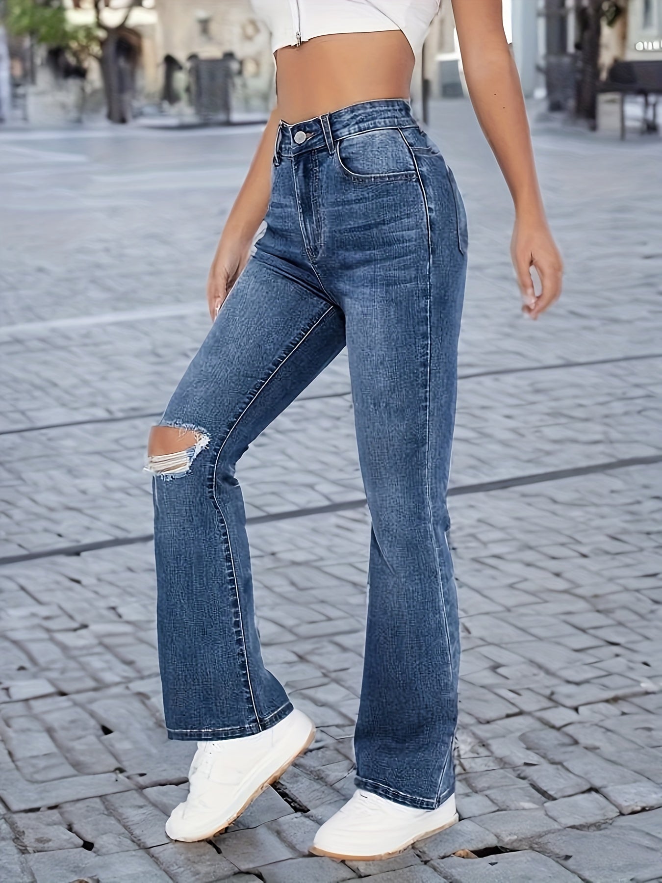 Sixsr Blue Ripped Holes Straight Jeans, High Stretch Distressed Casual Denim Pants, Women's Denim Jeans & Clothing