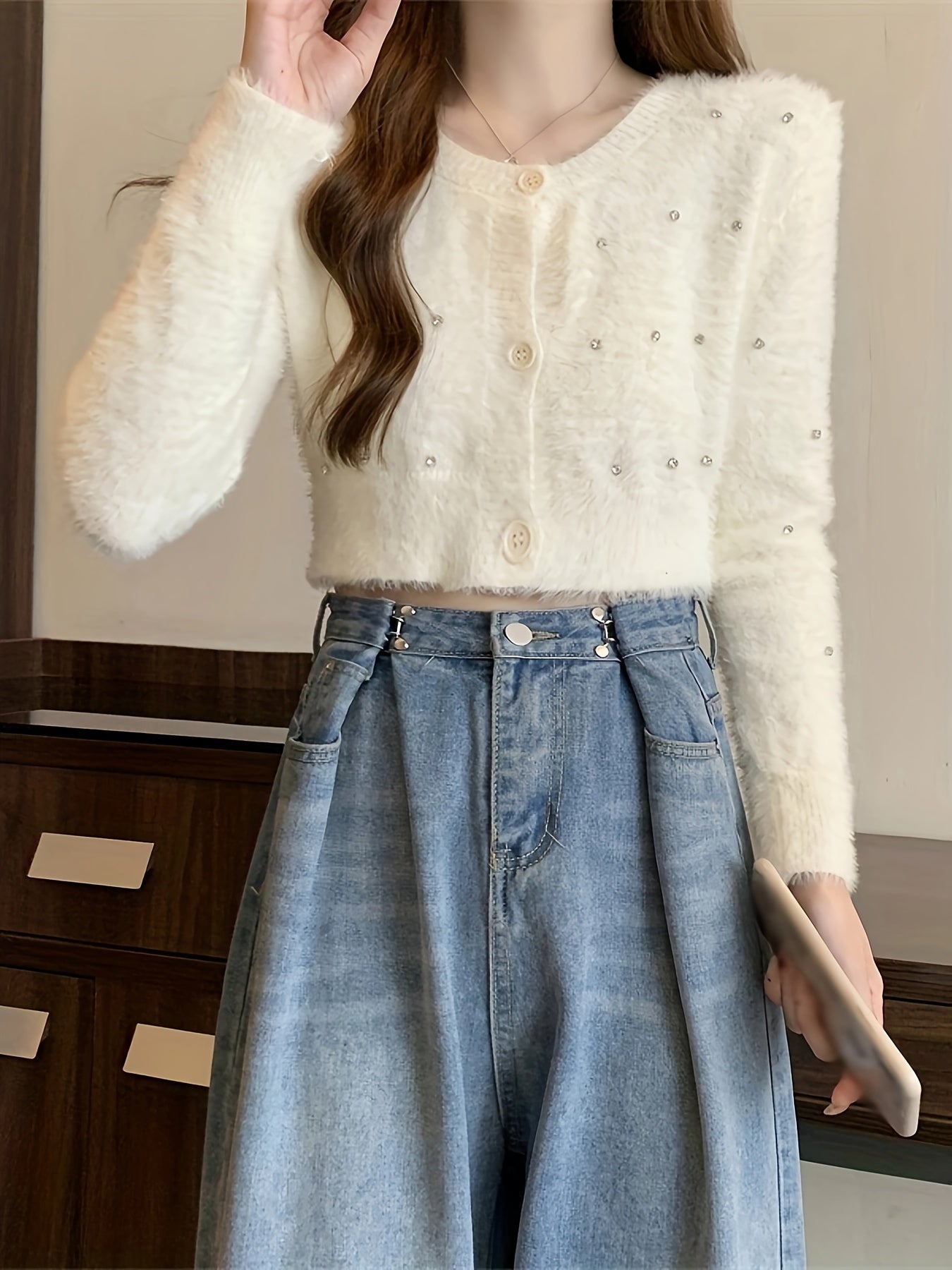 Sixsr Rhinestone Button Down Plush Cardigan, Casual Crew Neck Long Sleeve Crop Sweater, Women's Clothing