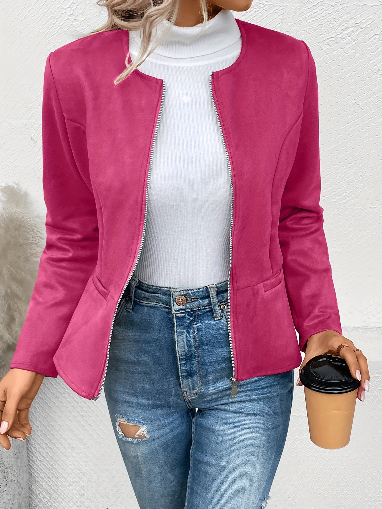Sixsr Solid Zip Up Jacket, Casual Long Sleeve Crew Neck Outerwear For Spring & Fall, Women's Clothing