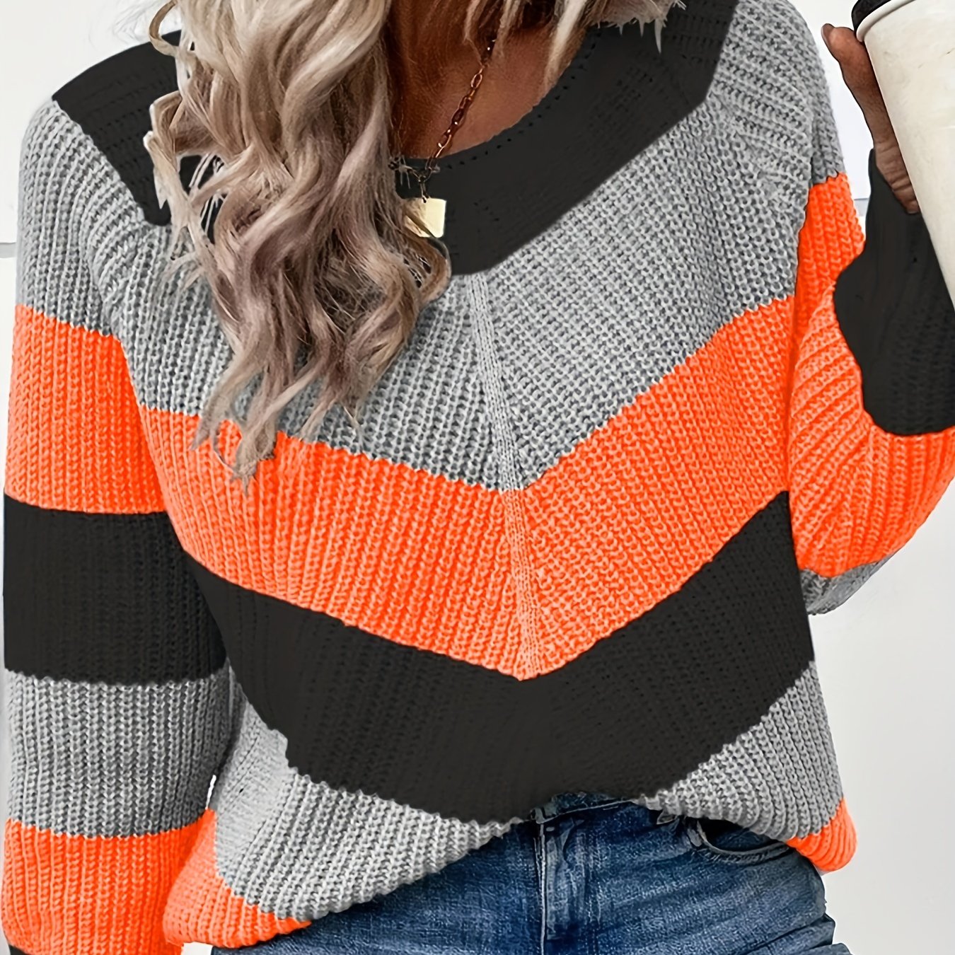 Sixsr Plus Size Casual Sweater, Women's Plus Colorblock Long Sleeve Round Neck Slight Stretch Sweater