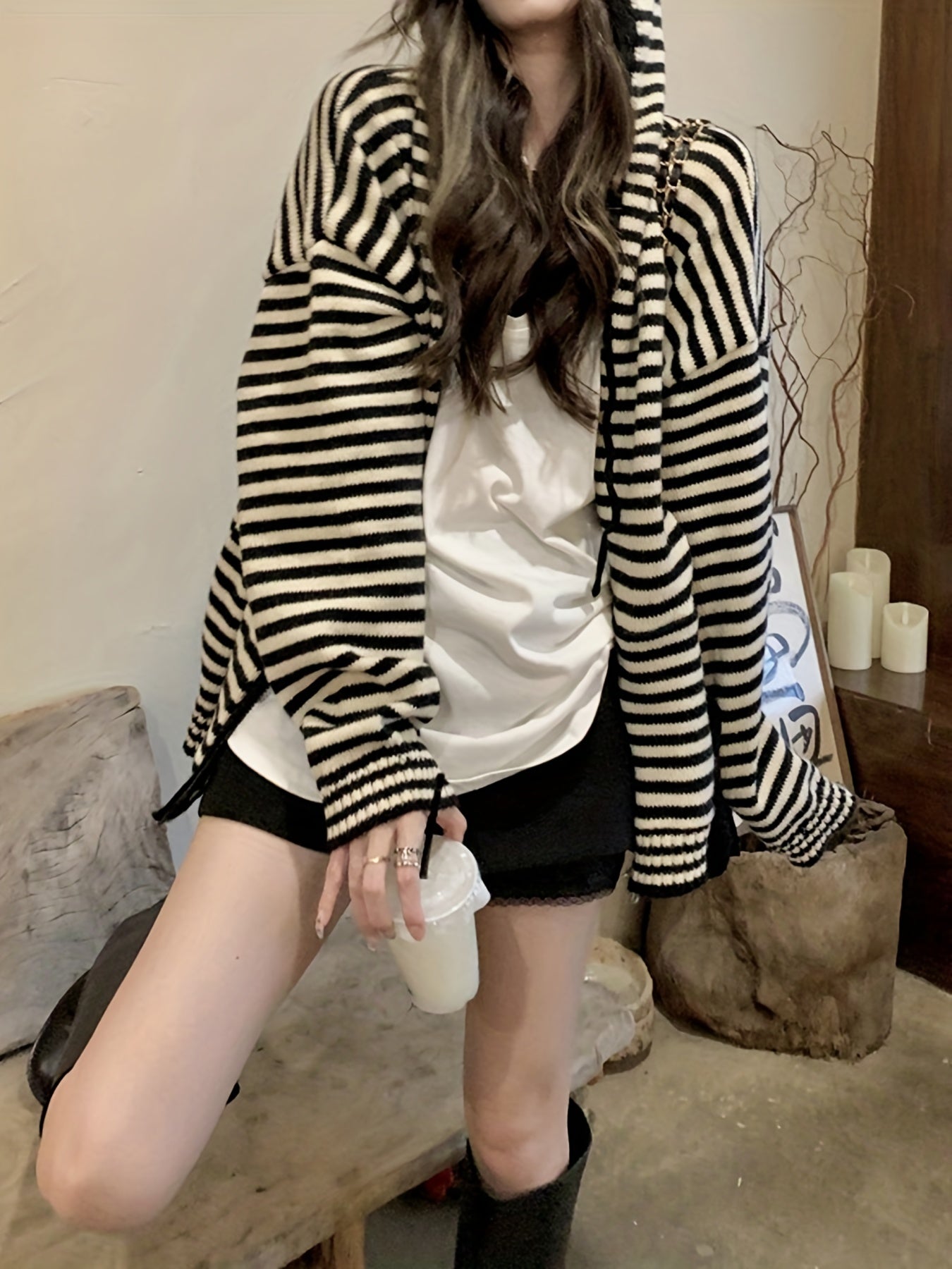 Sixsr Striped Pattern Zip Up Hooded Cardigan, Vintage Drawstring Long Sleeve Cardigan For Fall & Winter, Women's Clothing