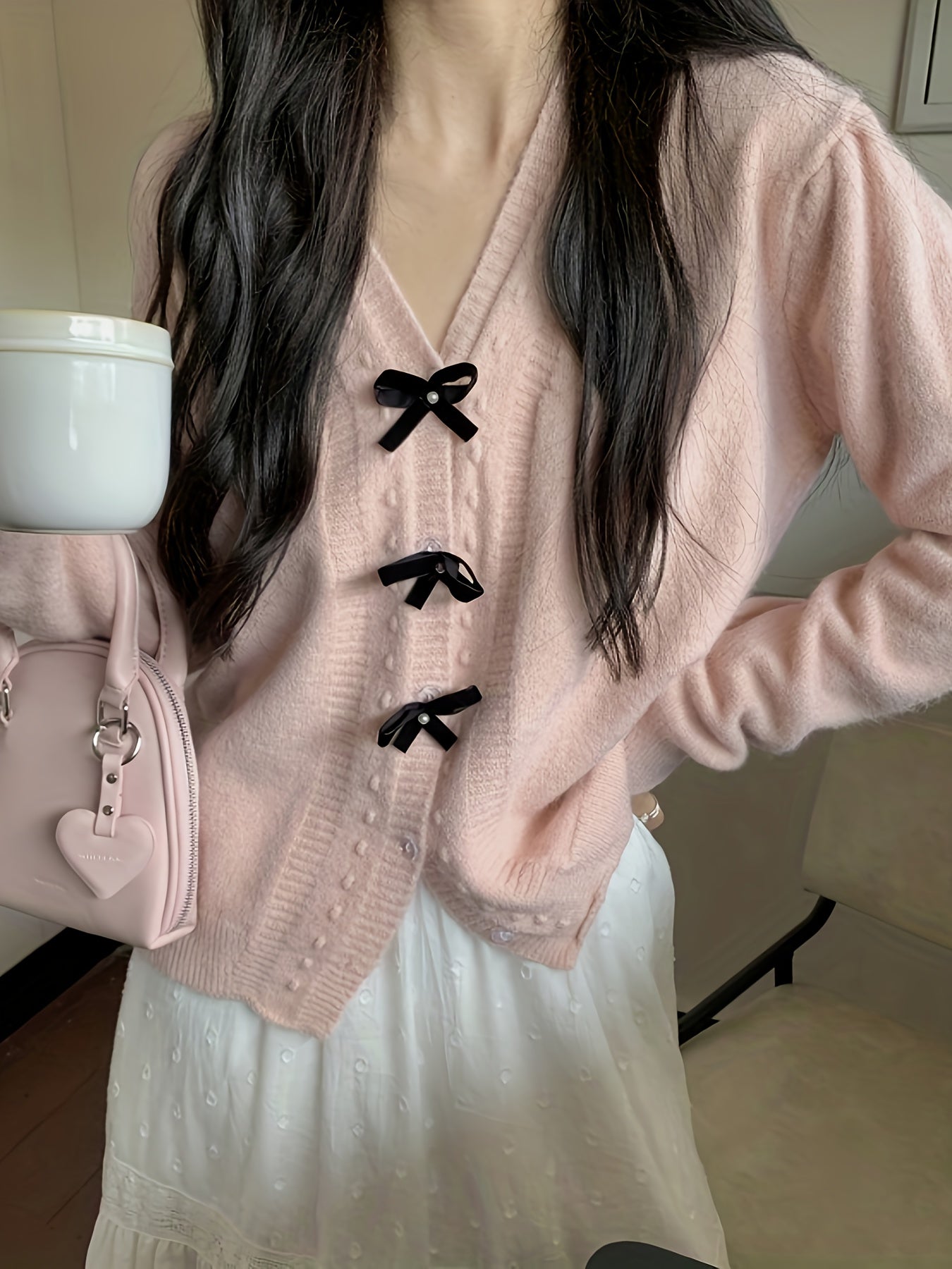 Sixsr Bow Button Front Knit Cardigan, Casual Long Sleeve Sweet Sweater For Fall & Winter, Women's Clothing