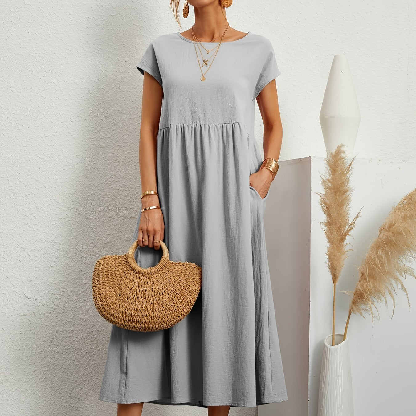 Sixsr Loose Pocket Solid Dress, Casual Short Sleeve Crew Neck Waist Summer Dress, Women's Clothing