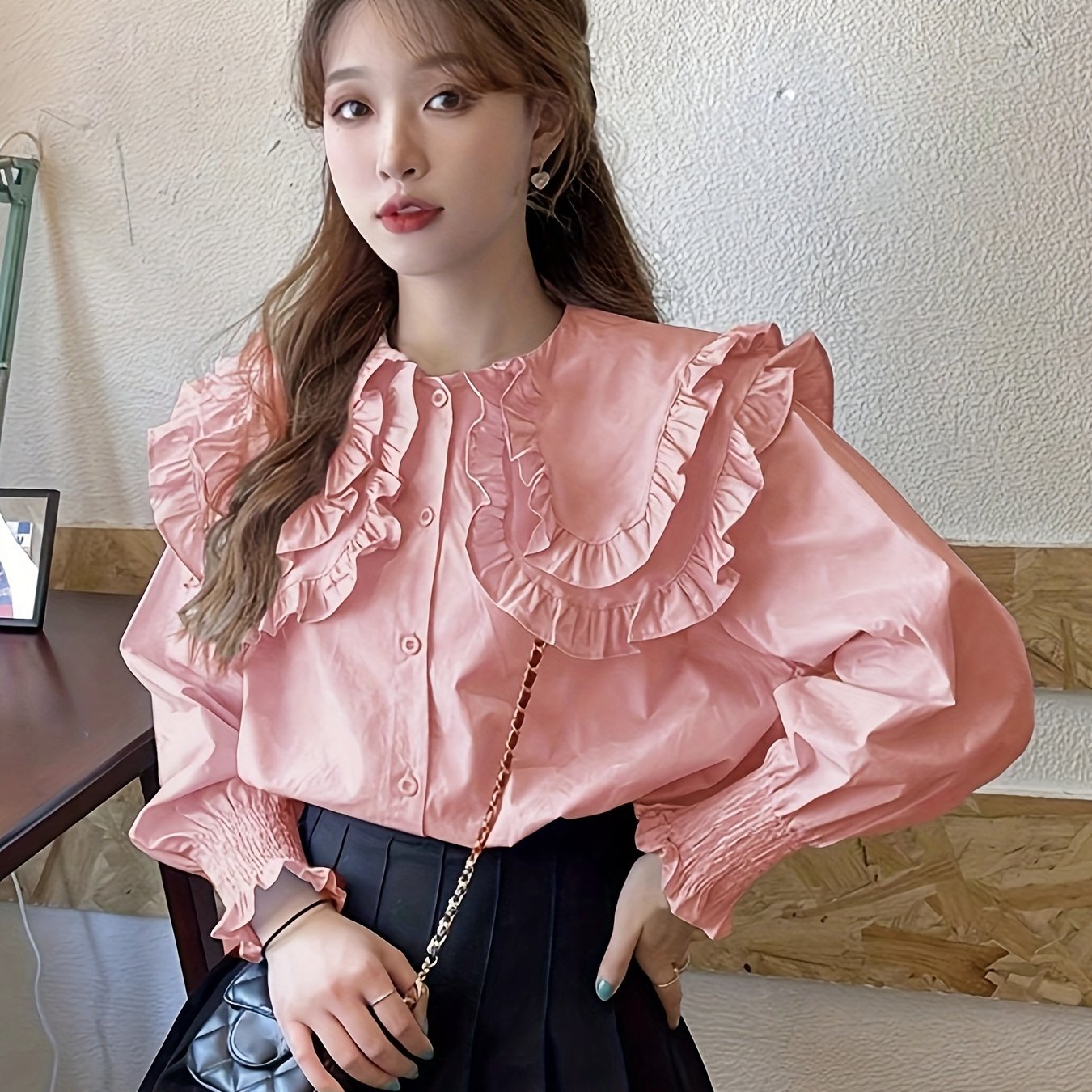 Sixsr Solid Lapel Collar Lettuce Trim Blouse, Long Sleeve Button Up Casual Blouse, Women's Clothing