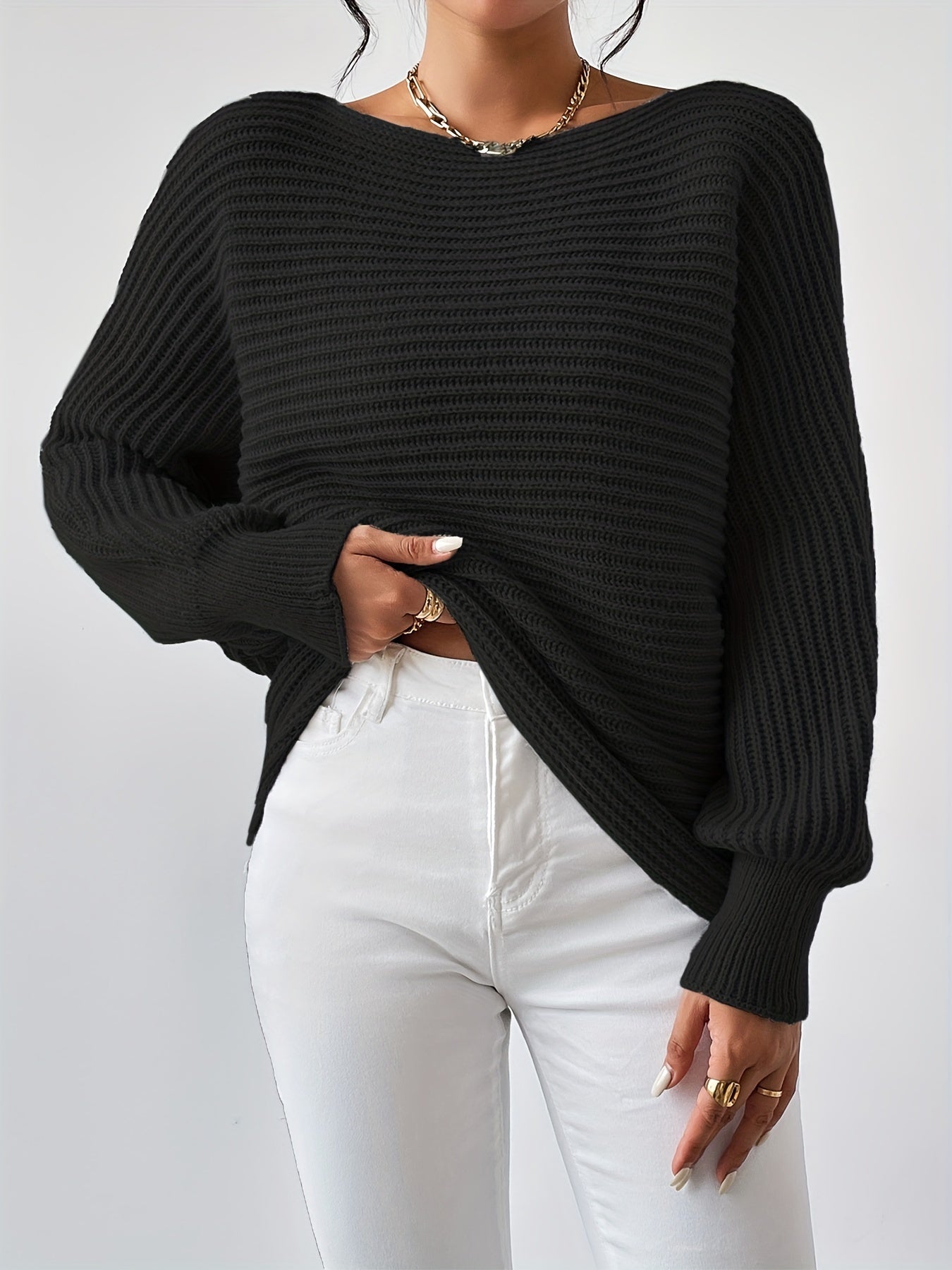 Sixsr Solid Boat Neck Sweater, Casual Batwing Sleeve Sweater For Fall & Winter, Women's Clothing