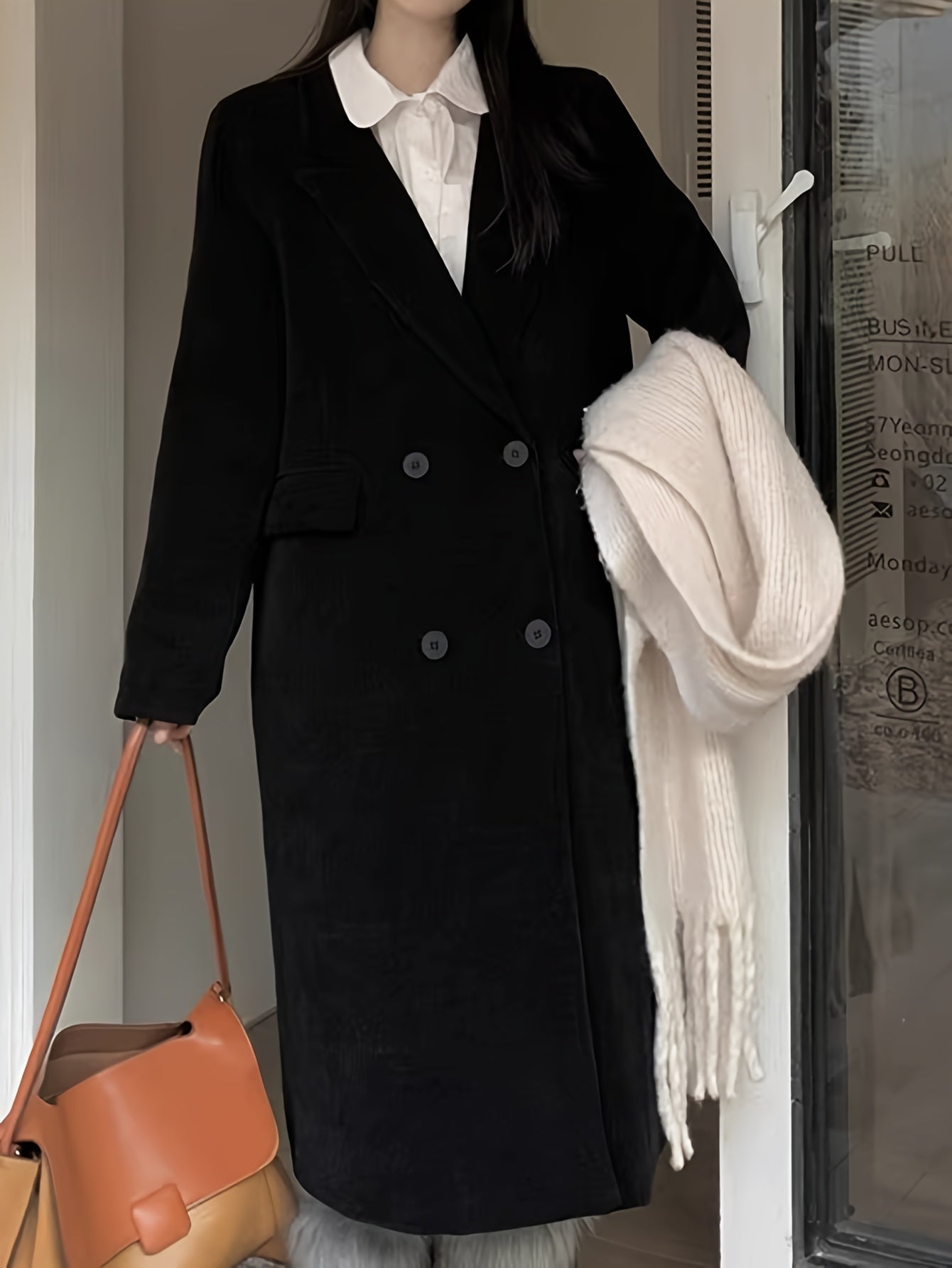 Sixsr Solid Double-breasted Overcoat, Casual Long Sleeve Lapel Warm Outwear For Fall & Winter, Women's Clothing