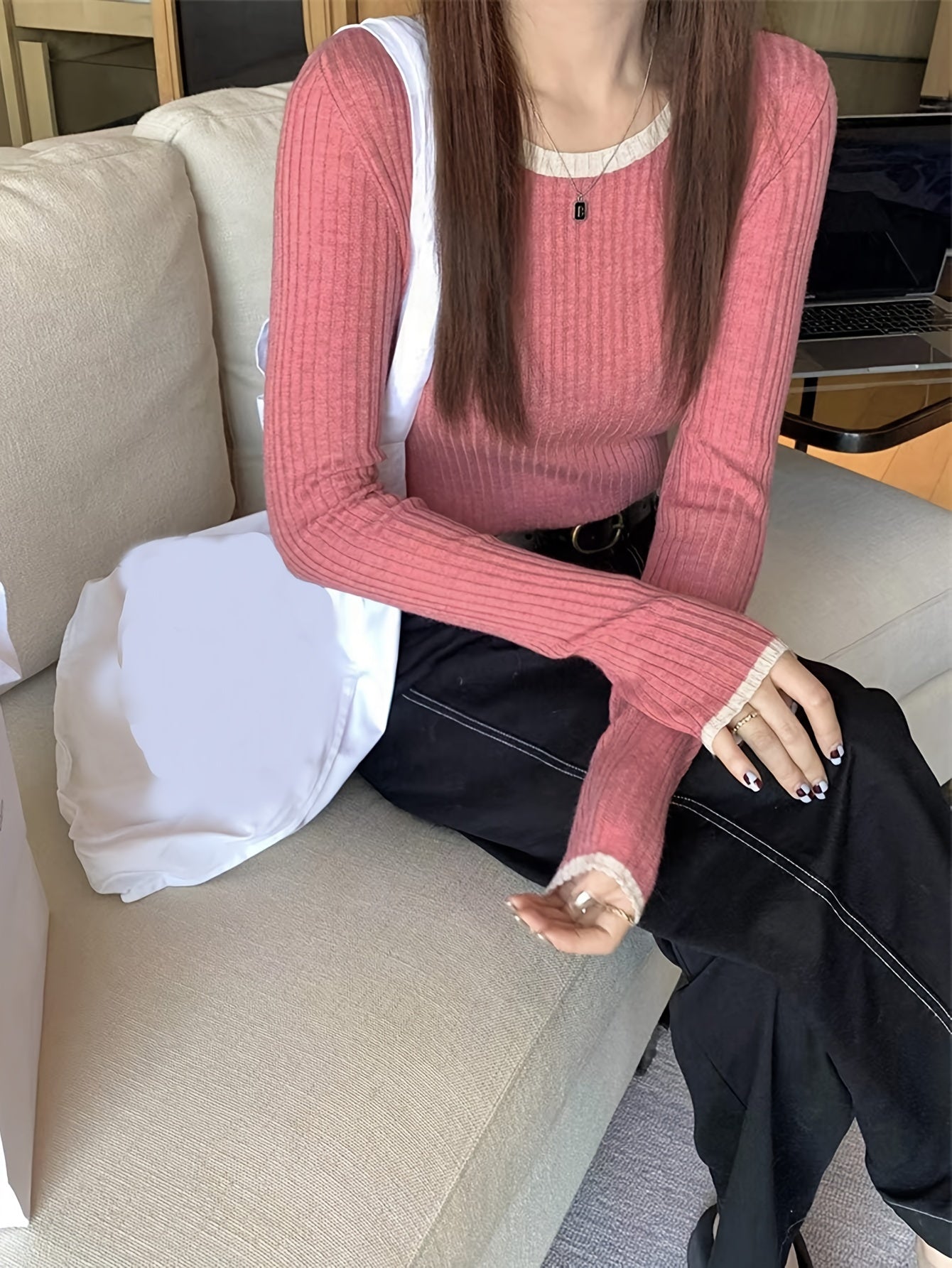 Sixsr Contrast Trim Crew Neck Knitted Top, Casual Long Sleeve Inner Wear Slim Pullover Sweater, Women's Clothing