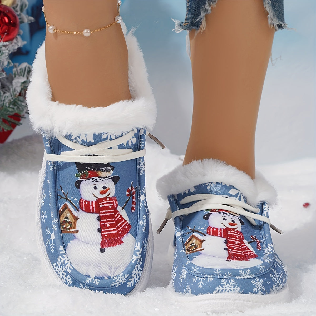 Thickened Warm Christmas Snowman Pattern Winter Outdoor Sneakers, Cute Comfortable Flat Snow Shoes