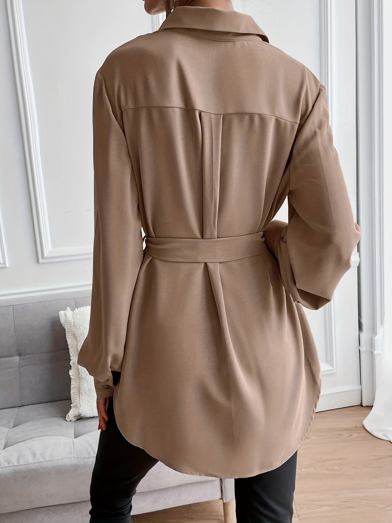 Sixsr Solid Pocket Polo Collar Belted Blouse, Casual Long Sleeve Blouse For Spring & Fall, Women's Clothing