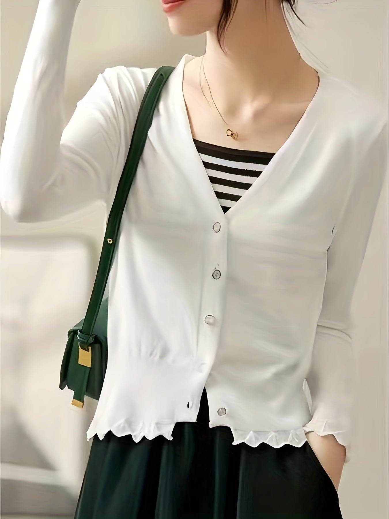 Sixsr Button Front Lettuce Trim Knit Cardigan, Casual Solid V Neck Long Sleeve Sweater For Spring & Summer, Women's Clothing