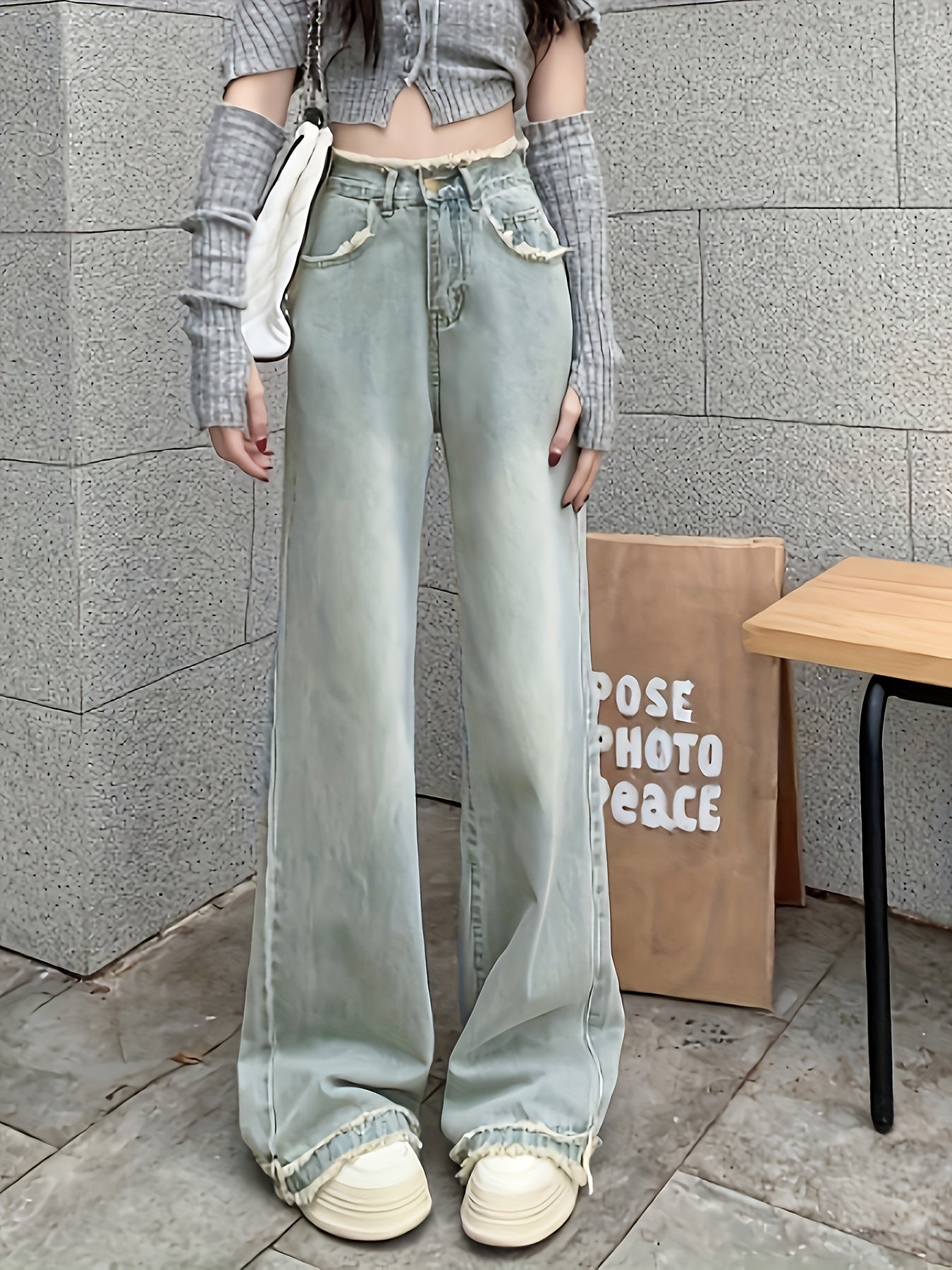Sixsr High Waist Chic Baggy Jeans, Frayed Hem Loose Fit Slant Pockets Denim Pants, Women's Denim Jeans & Clothing
