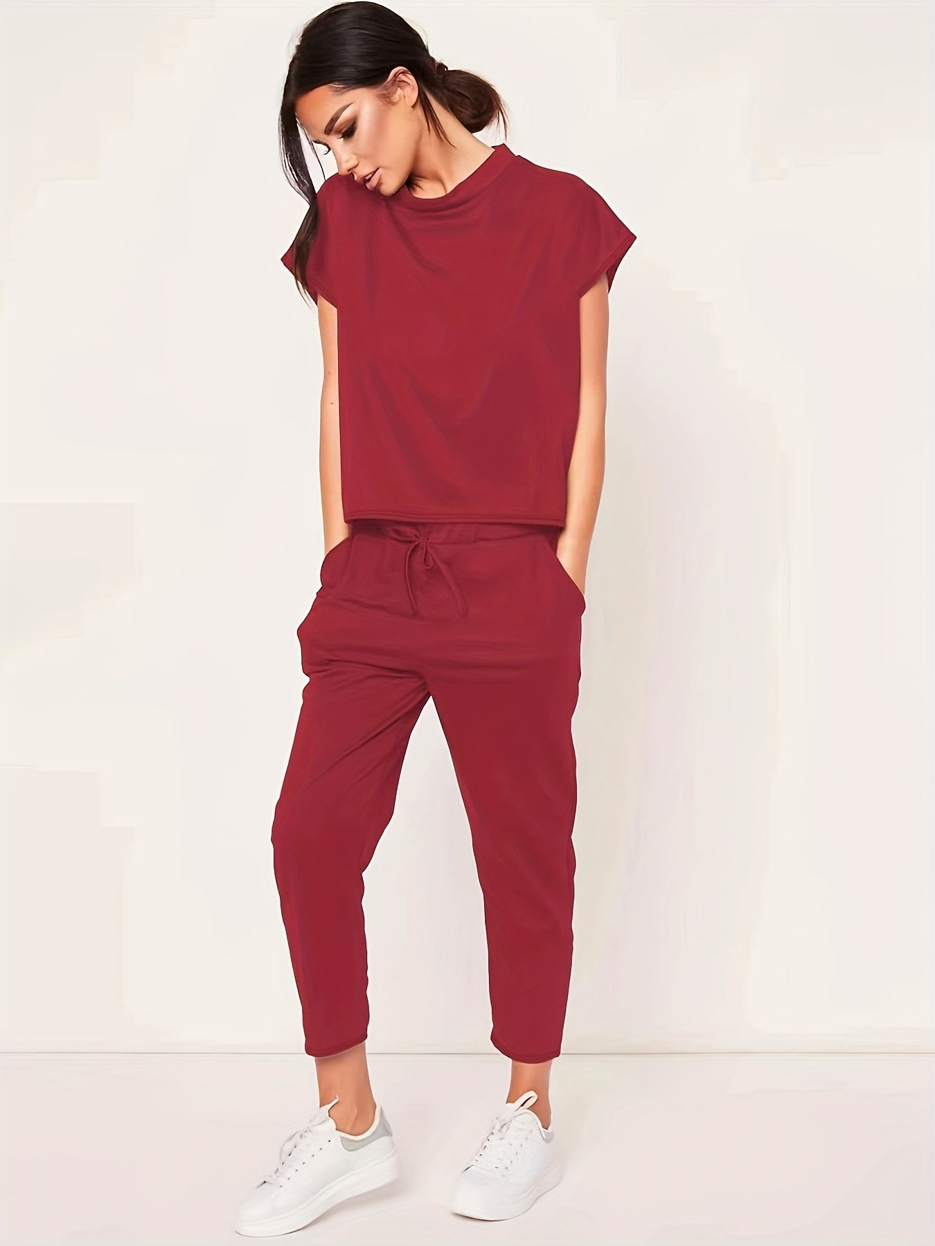 Sixsr Casual Solid Pantsuits Two-piece Set, Short Sleeve Round Neck Tops & Drawstring Cropped Pants Set, Women's Clothing