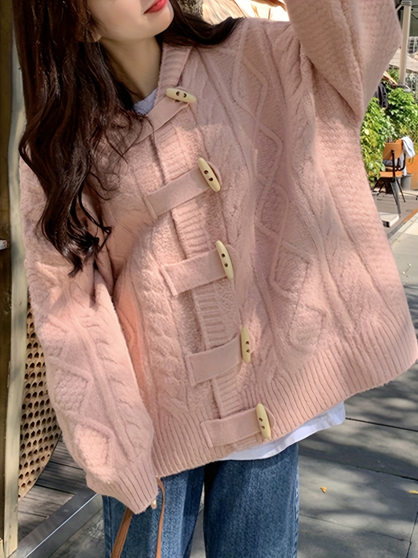 Sixsr Twist Pattern Button Up Hooded Cardigan, Casual Long Sleeve Cardigan For Fall & Winter, Women's Clothing