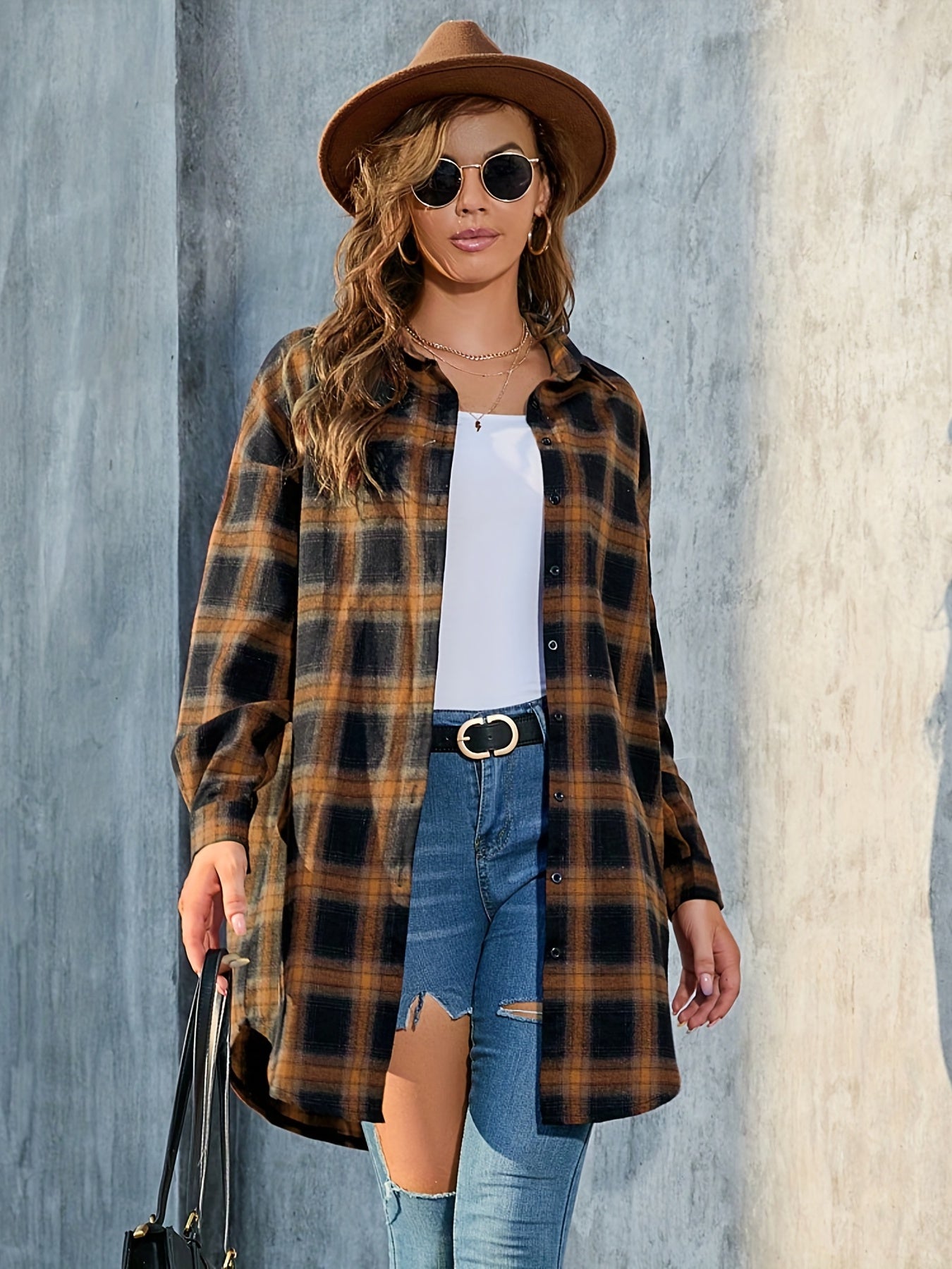 Sixsr Plus Size Casual Coat, Women's Plus Plaid Print Long Sleeve Polo Neck Button Up Shirt Coat