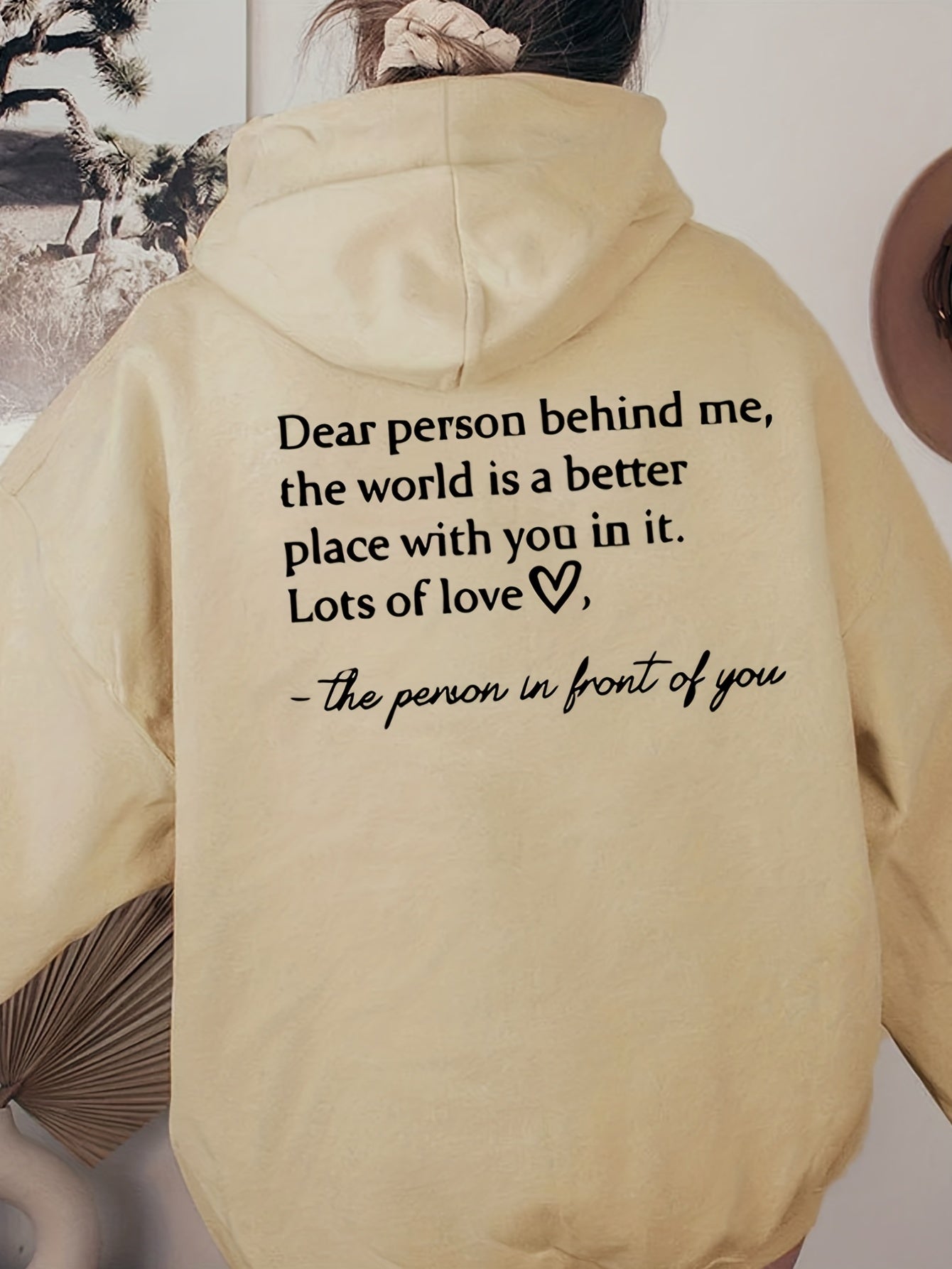 Sixsr Plus Size Casual Sweatshirt, Women's Plus Heart & Letter Print Long Sleeve Drawstring Hoodie