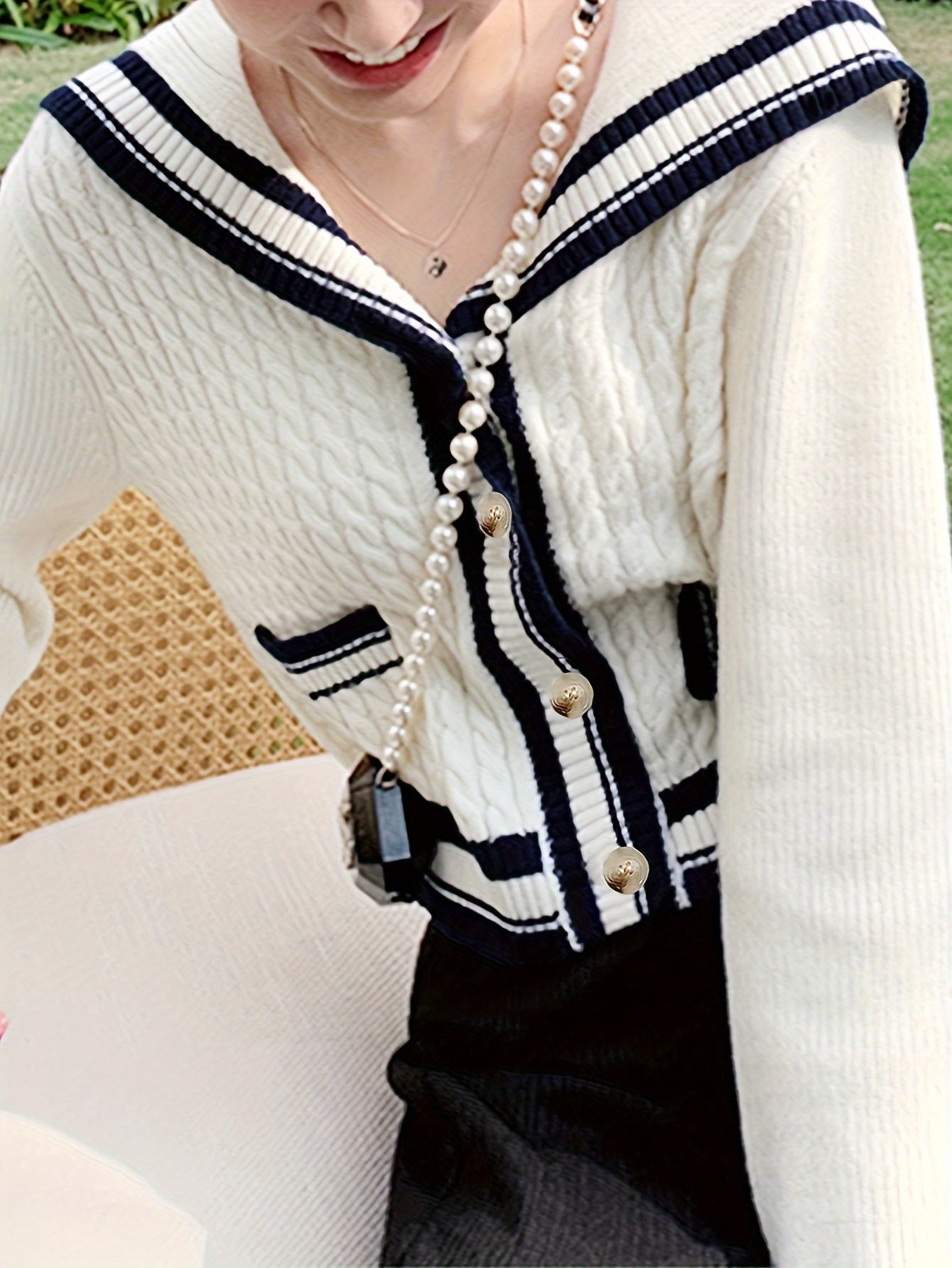 Sixsr Striped Button Down Cable Knit Cardigan, Elegant Collared Long Sleeve Preppy Style Sweater, Women's Clothing