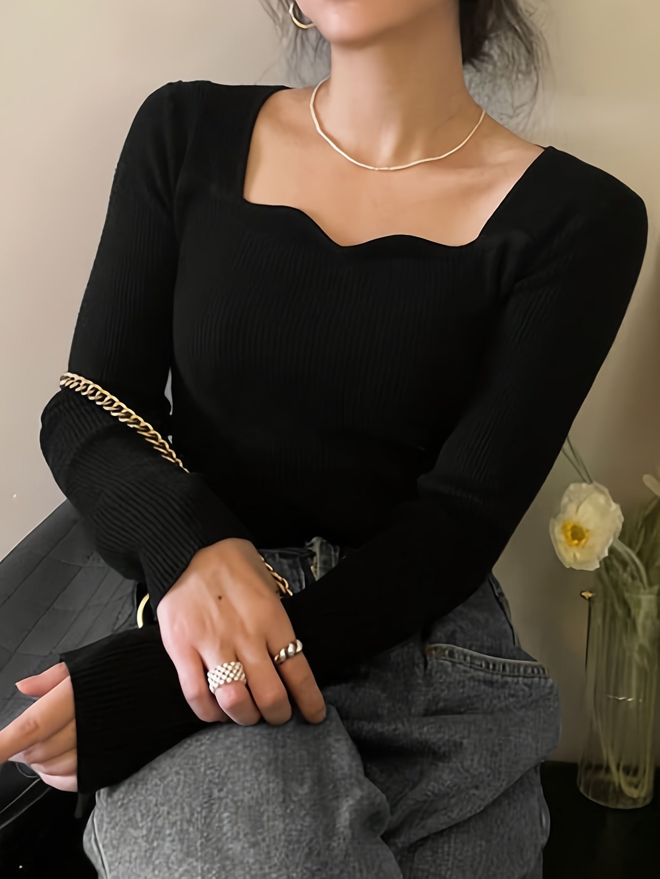 Sixsr Solid Color Long Sleeve Top, Versatile Casual Knit Top For Fall & Winter, Women's Clothing