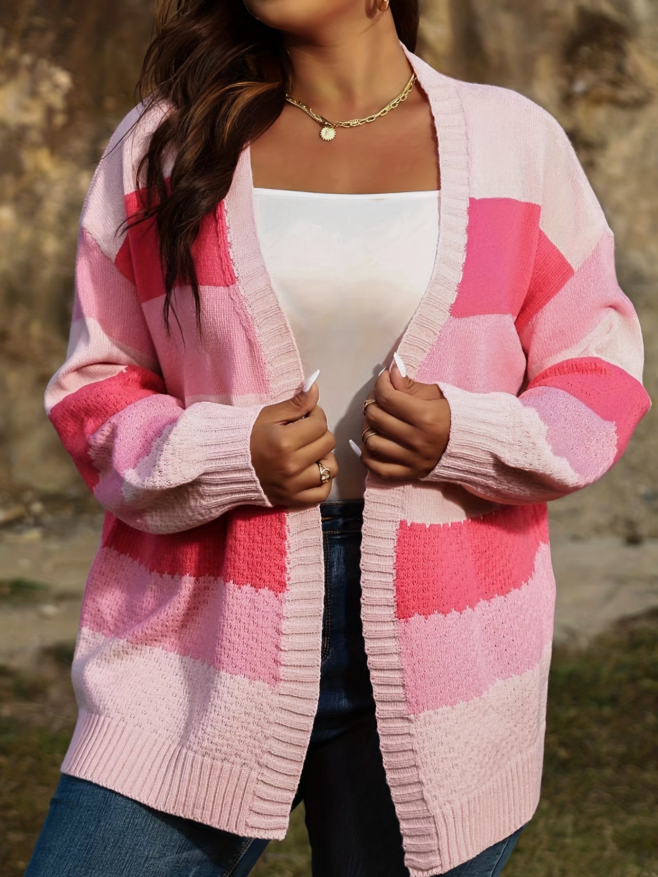 Sixsr Plus Size Colorblock Long Sleeve Cardigan, Women's Plus Slight Stretch Casual Sweater Cardigan