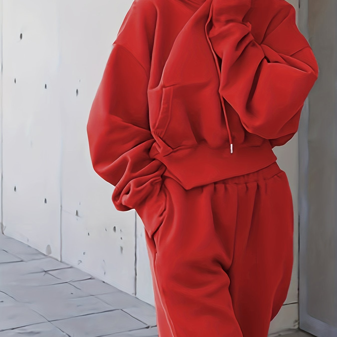 Sixsr 2pcs Athleisure Set, Oversized Solid Hooded Pocket Drawstring Sweatshirts & Sweatpants Sets, Women's Clothing