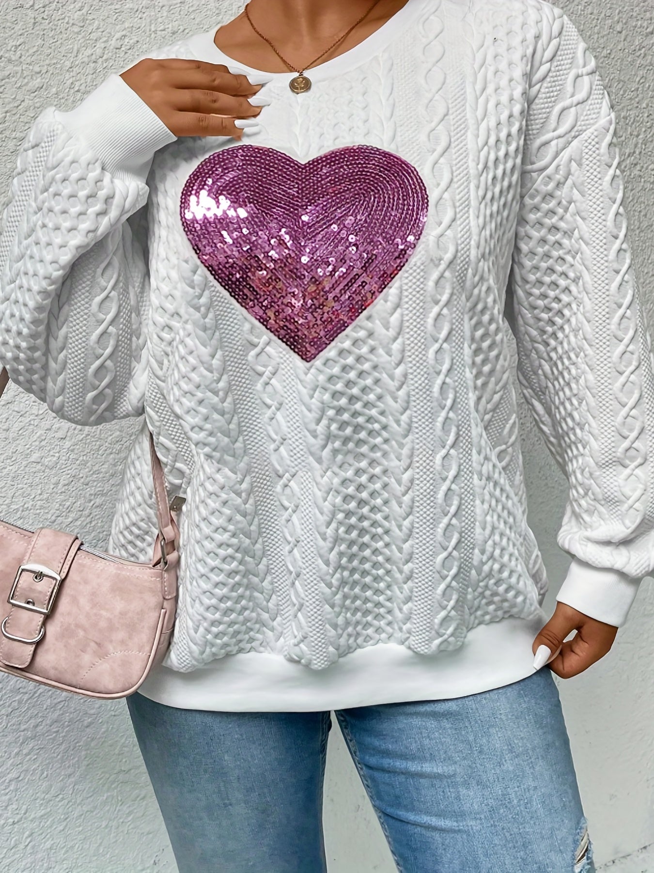 Sixsr Casual Sweatshirt, Women's Plus Sequin Heart Print Cable Long Sleeve Crew Neck Slight Stretch Pullover Sweatshirt Plus Size, Casual Tops For Fall & Winter, Women's Clothing