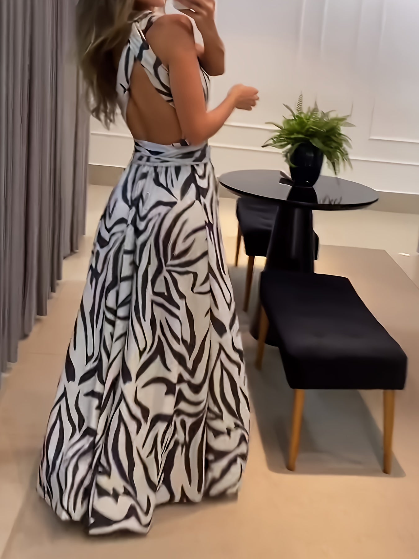 Sixsr Abstract Print One Shoulder Dress, Elegant Backless Sleeveless Maxi Dress, Women's Clothing