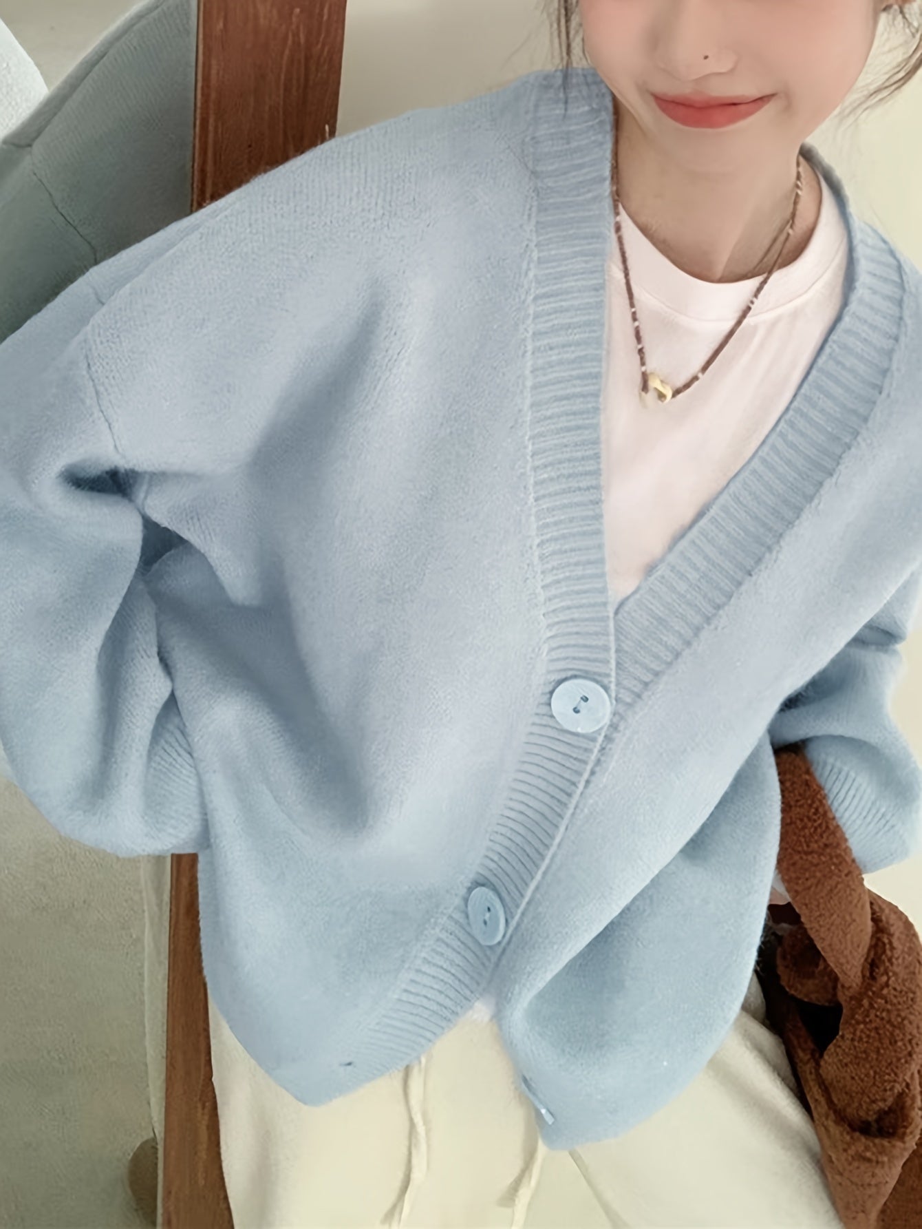 Sixsr Solid Button Front Cardigan, Casual Long Sleeve Drop Shoulder Outwear, Women's Clothing