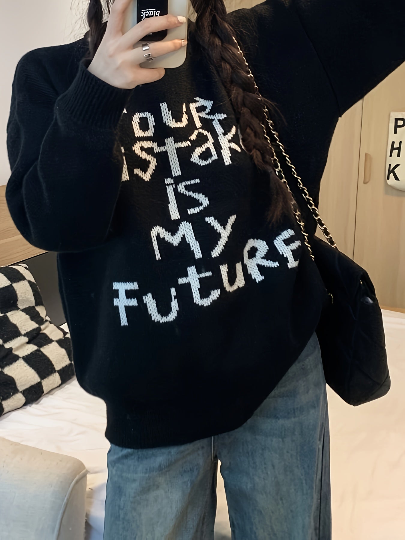 Sixsr Letter Pattern Crew Neck Pullover Sweater, Casual Long Sleeve Sweater For Fall & Winter, Women's Clothing