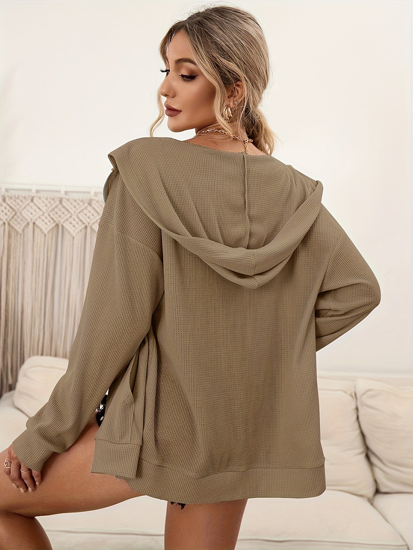 Sixsr Waffle Knit Kangaroo Pocket Hoodie, Casual Solid Comfy Zipper Hoodies Sweatshirt, Women's Clothing
