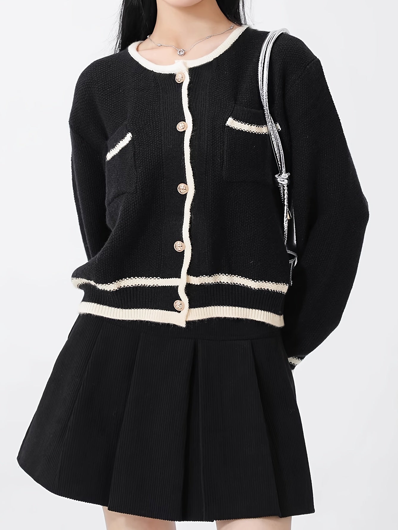 Sixsr Contrast Trim Button Up Knit Cardigan, Casual Long Sleeve Sweater With Pocket, Women's Clothing