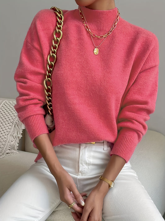 Sixsr Plus Size Casual Sweater, Women's Plus Solid Long Sleeve High Neck Medium Stretch Jumper