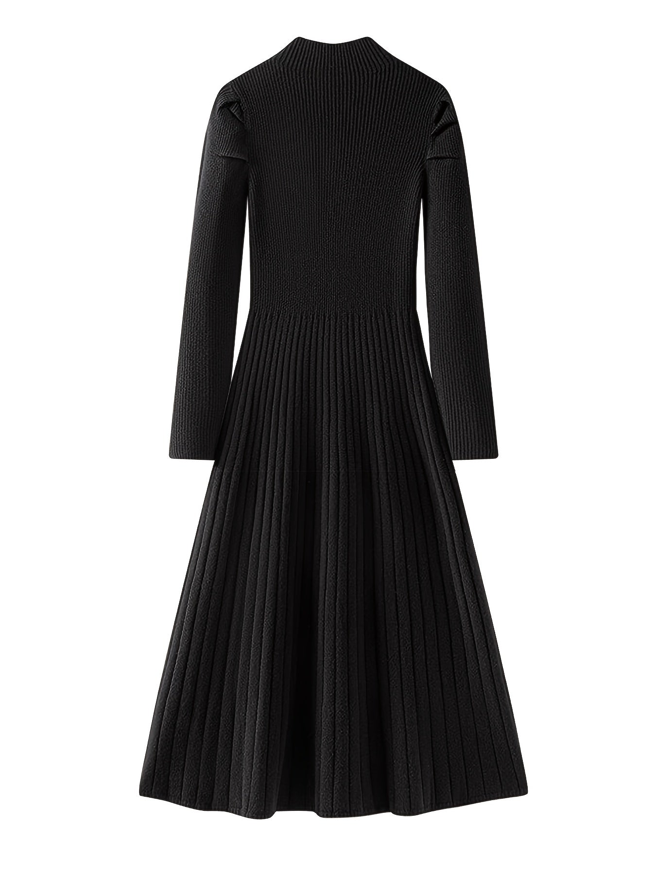 Sixsr Button Decor Keyhole Ribbed Dress, Elegant Long Sleeve Mock Neck A-line Knit Dress, Women's Clothing