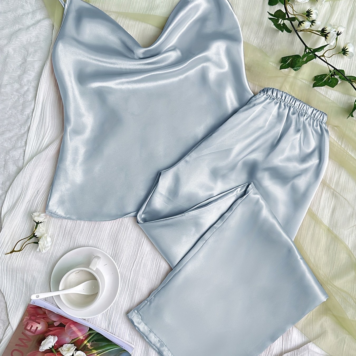 Sixsr Solid Satin Pajama Set, V Neck Cami Top & Elastic Waistband Pants, Women's Sleepwear & Loungewear