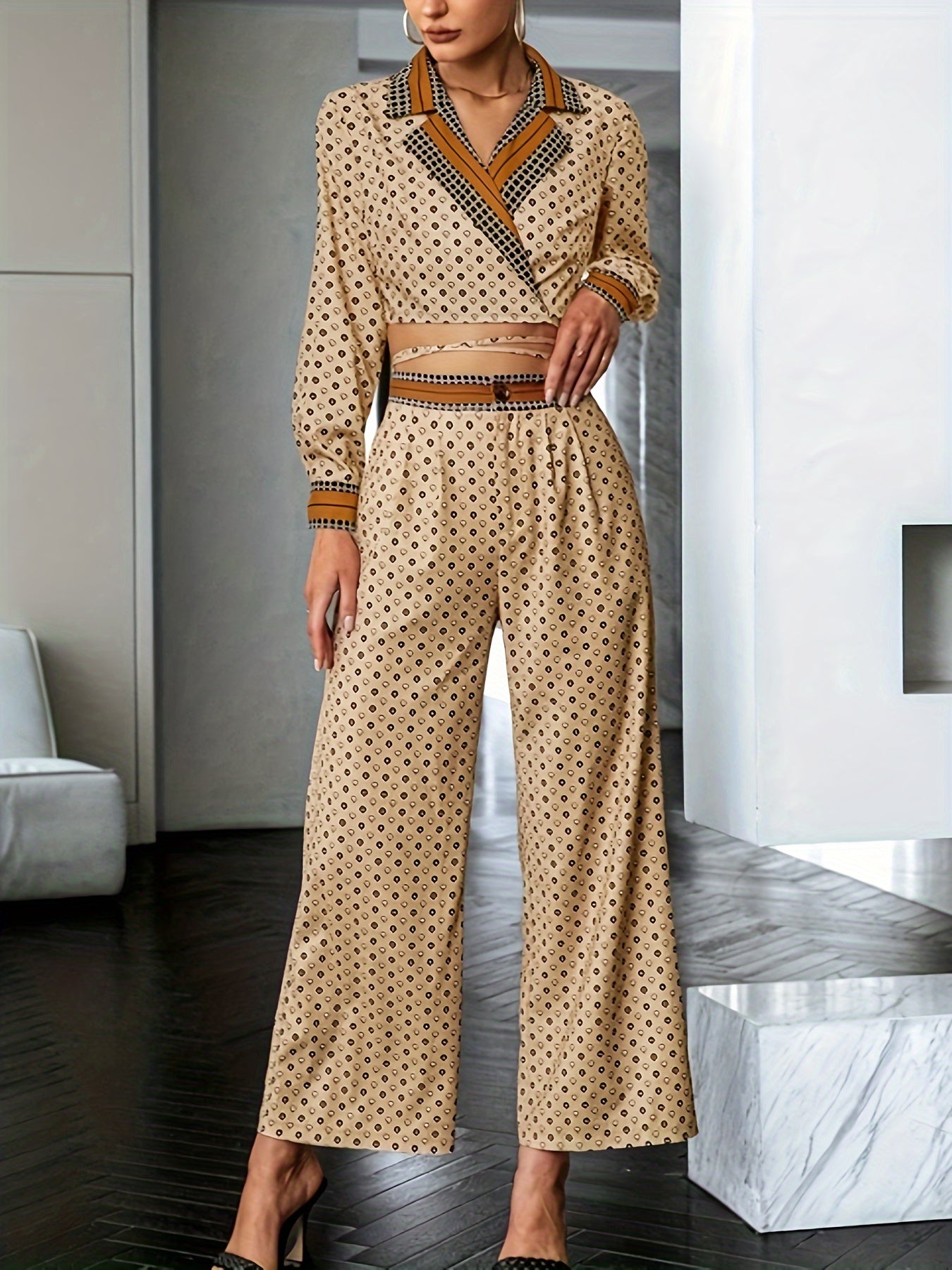 Sixsr Allover Print Two-piece Set, Lace Up Lapel Neck Long Sleeve Crop Top & Pants Outfits, Women's Clothing
