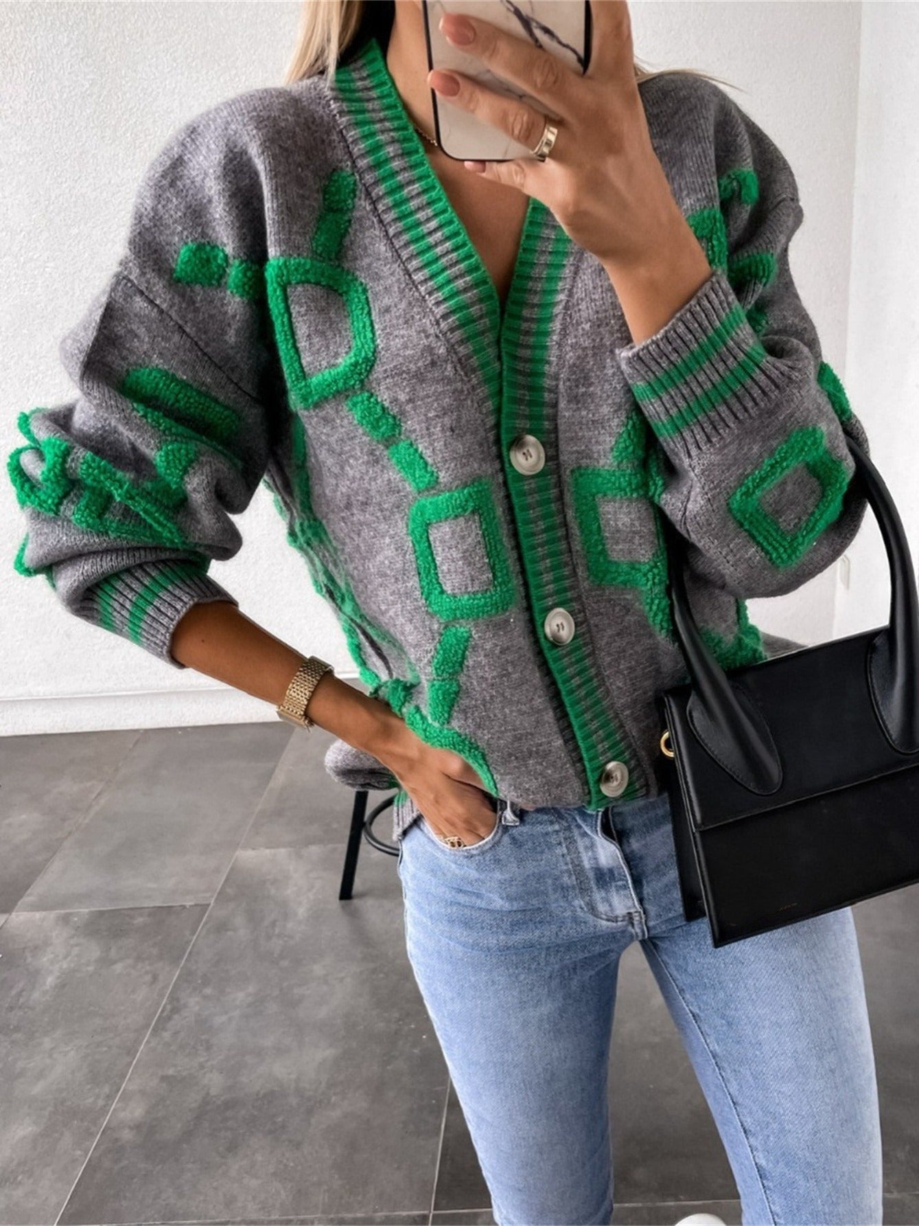 Sixsr High Contrast Knit Cardigan, V-Neck Button Up Cardigan Sweater, Casual Tops For Fall & Winter, Women's Clothing