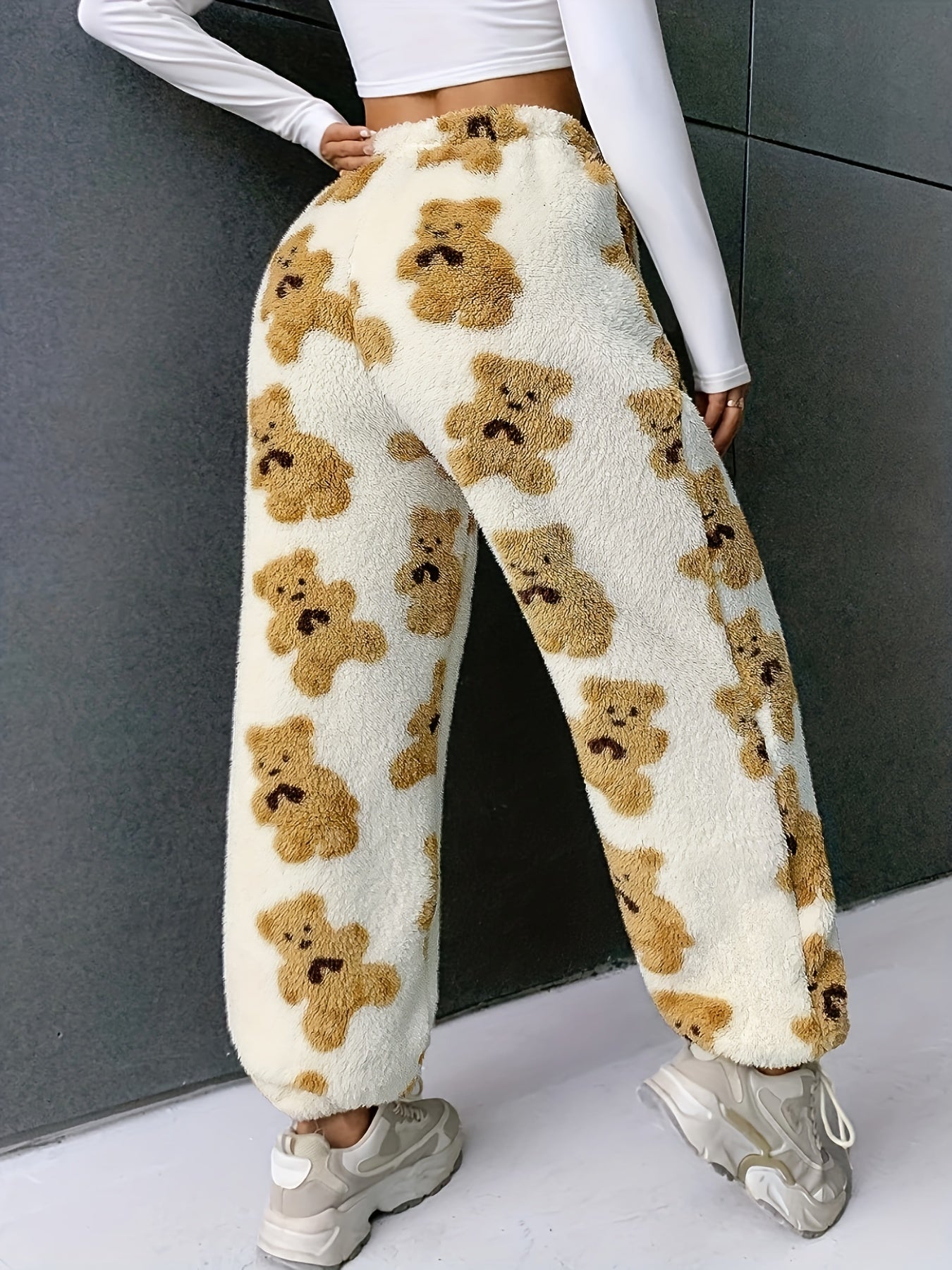 Sixsr Bear Pattern Plush Baggy Joggers, Casual High Waist Pants, Women's Clothing