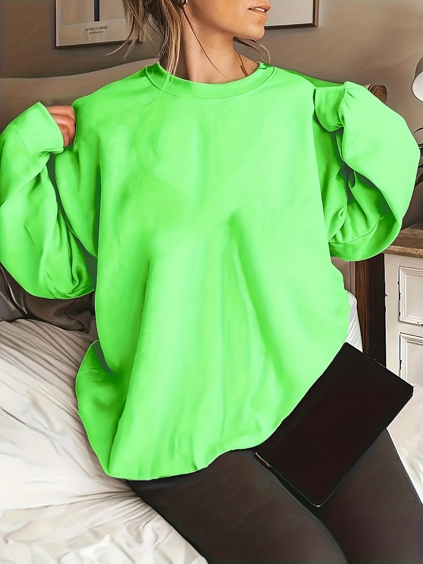Sixsr Plus Size Casual Sweatshirt, Women's Plus Solid Long Sleeve Drop Shoulder Round Neck Slight Stretch Pullover Sweatshirt