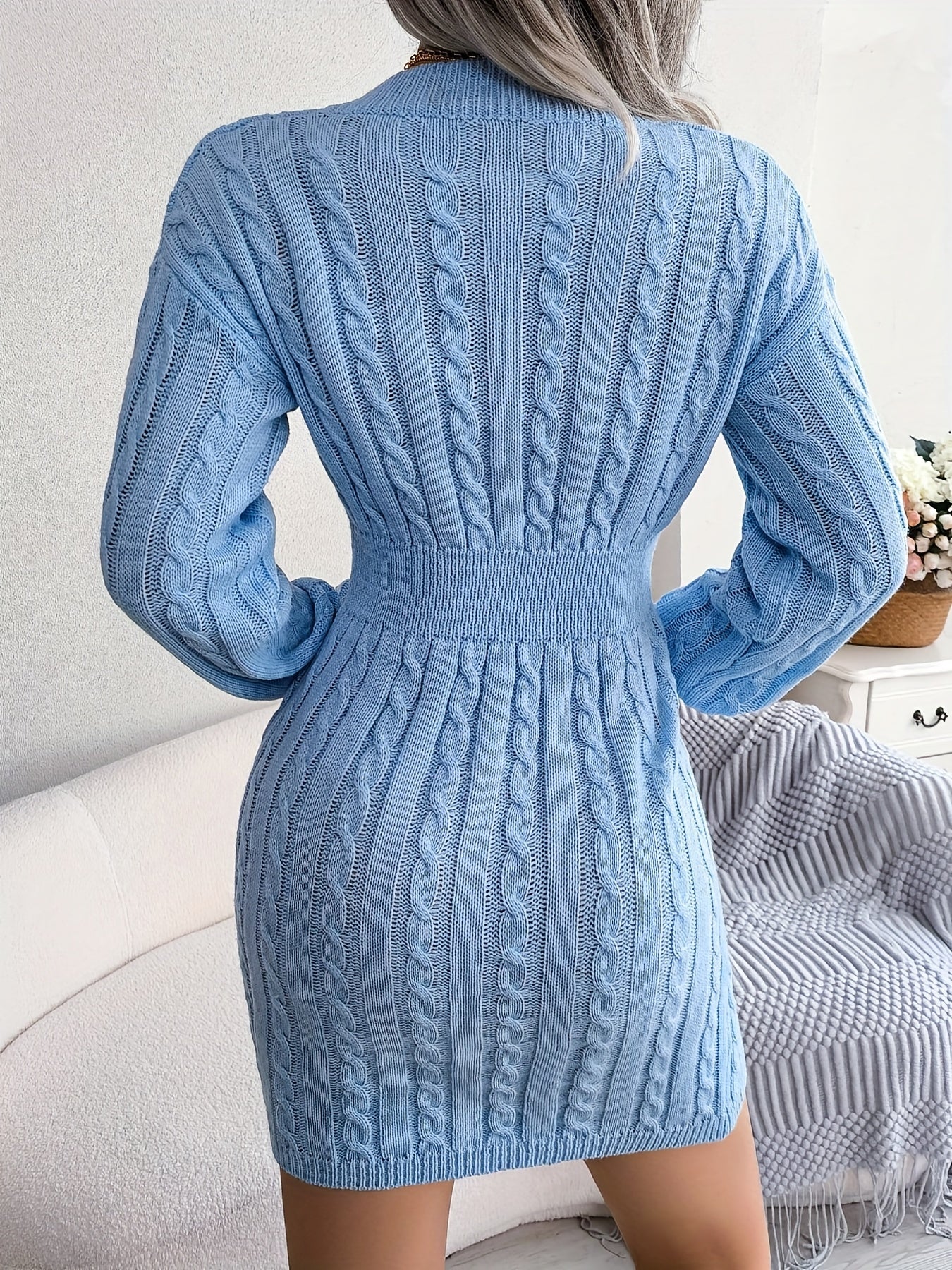 Sixsr Cable Knit Sweater Dress, Casual V Neck Long Sleeve Bag Hip Dress, Women's Clothing