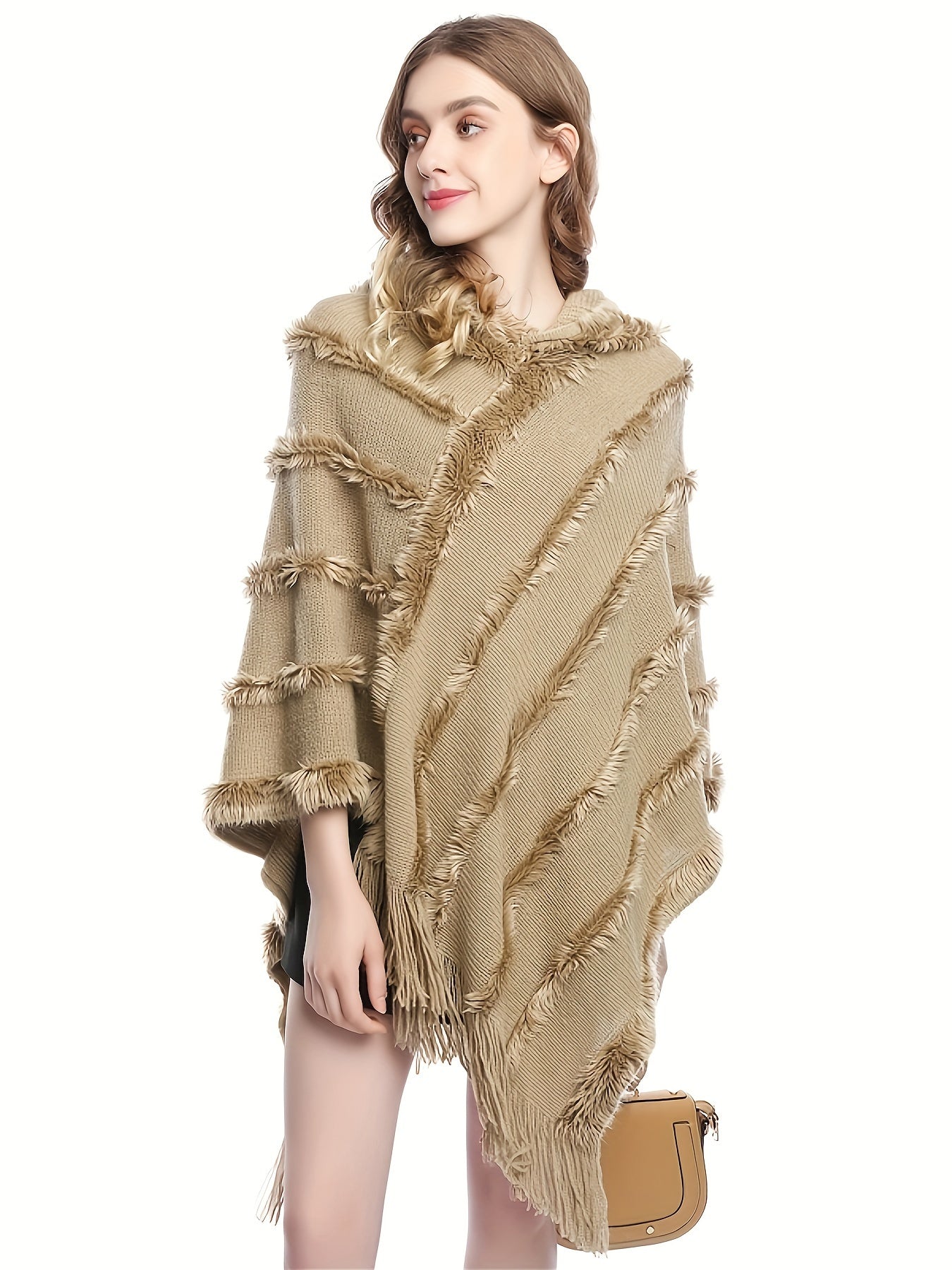 Sixsr Tassel Shawl Hooded Shawl Sweater, Vintage Solid Asymmetrical Hem Poncho Sweater, Women's Clothing