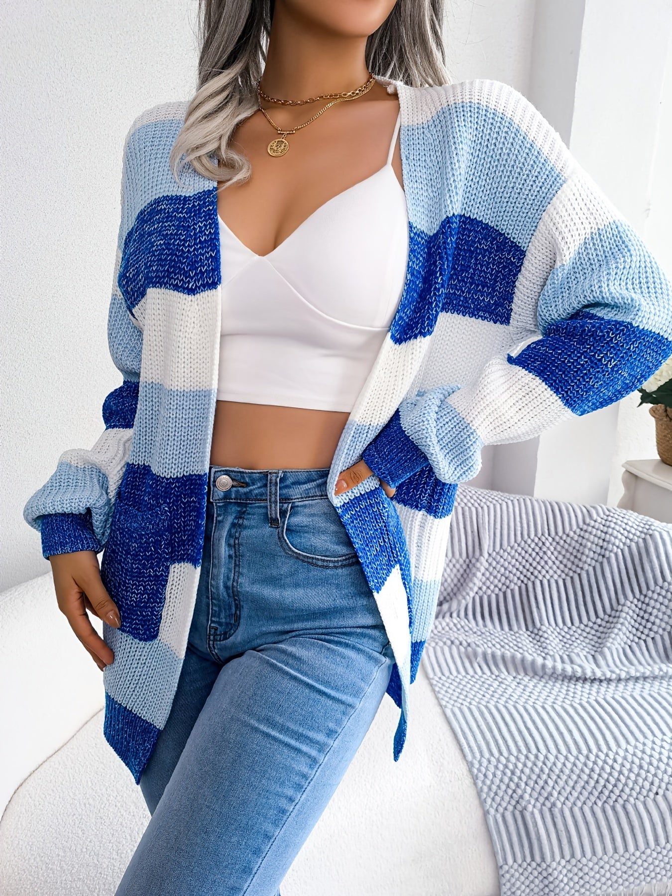 Sixsr Striped Colorblock V-neck Cardigans, Casual Loose Drop Shoulder Long Sleeve Fall Winter Knit Cardigan, Women's Clothing